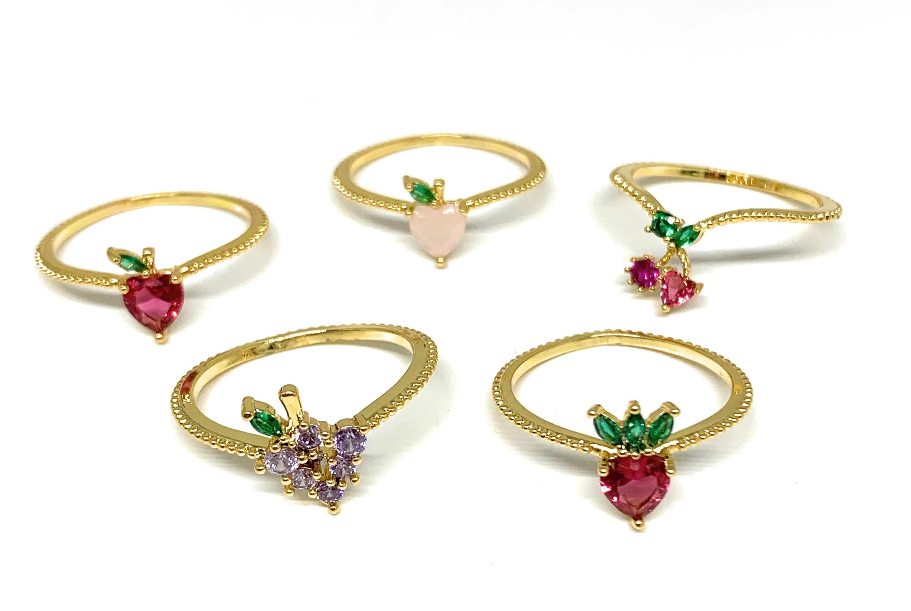 Gold Plated FRUITS CZ Band Ring Anillo (APPLE, GRAPE, PEACH, CHERRIES, STRAWBERRY)