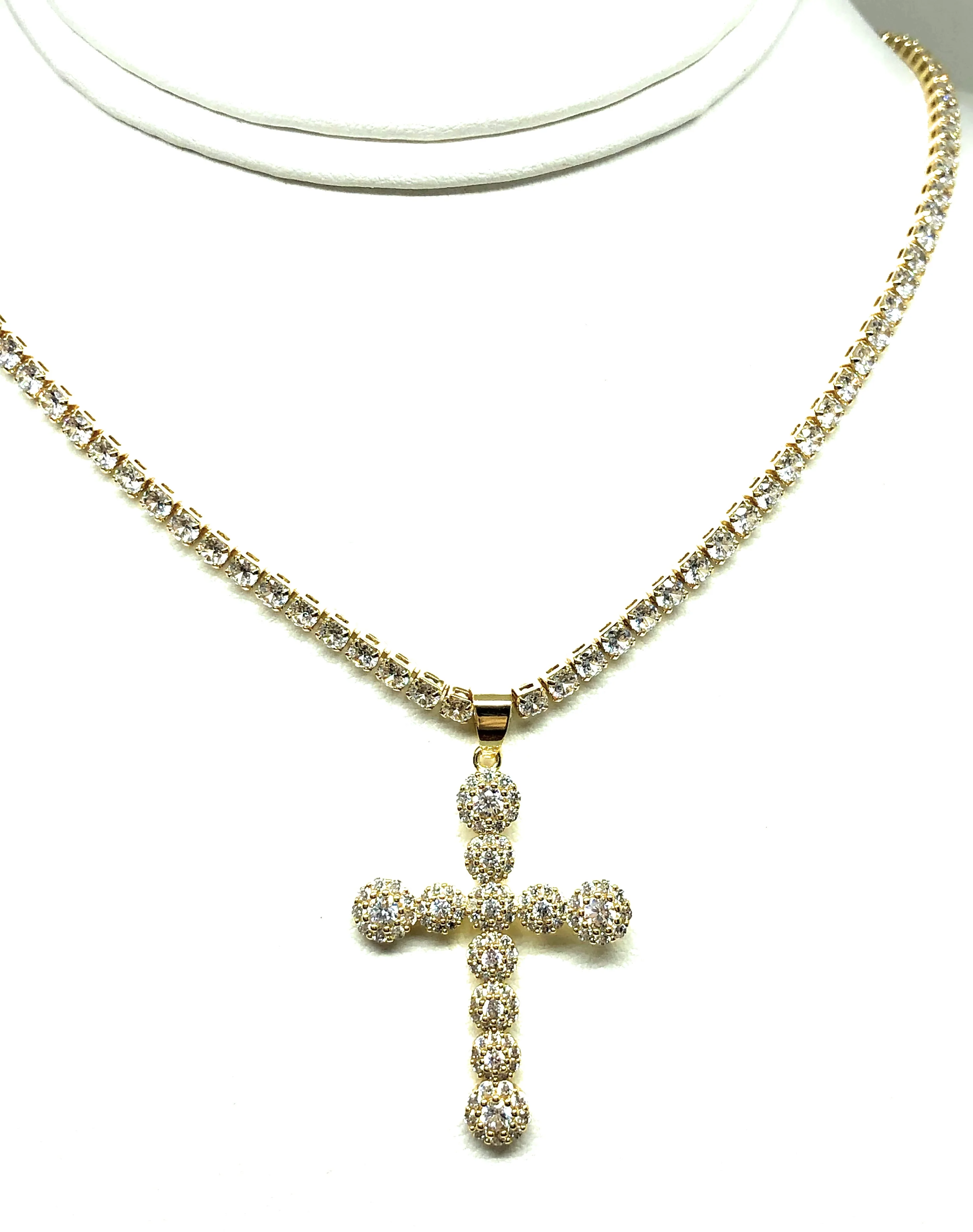 Gold Plated Full Cubic Zirconia Cross 20” Tennis CZ Chain Necklace Cruz - Image 4