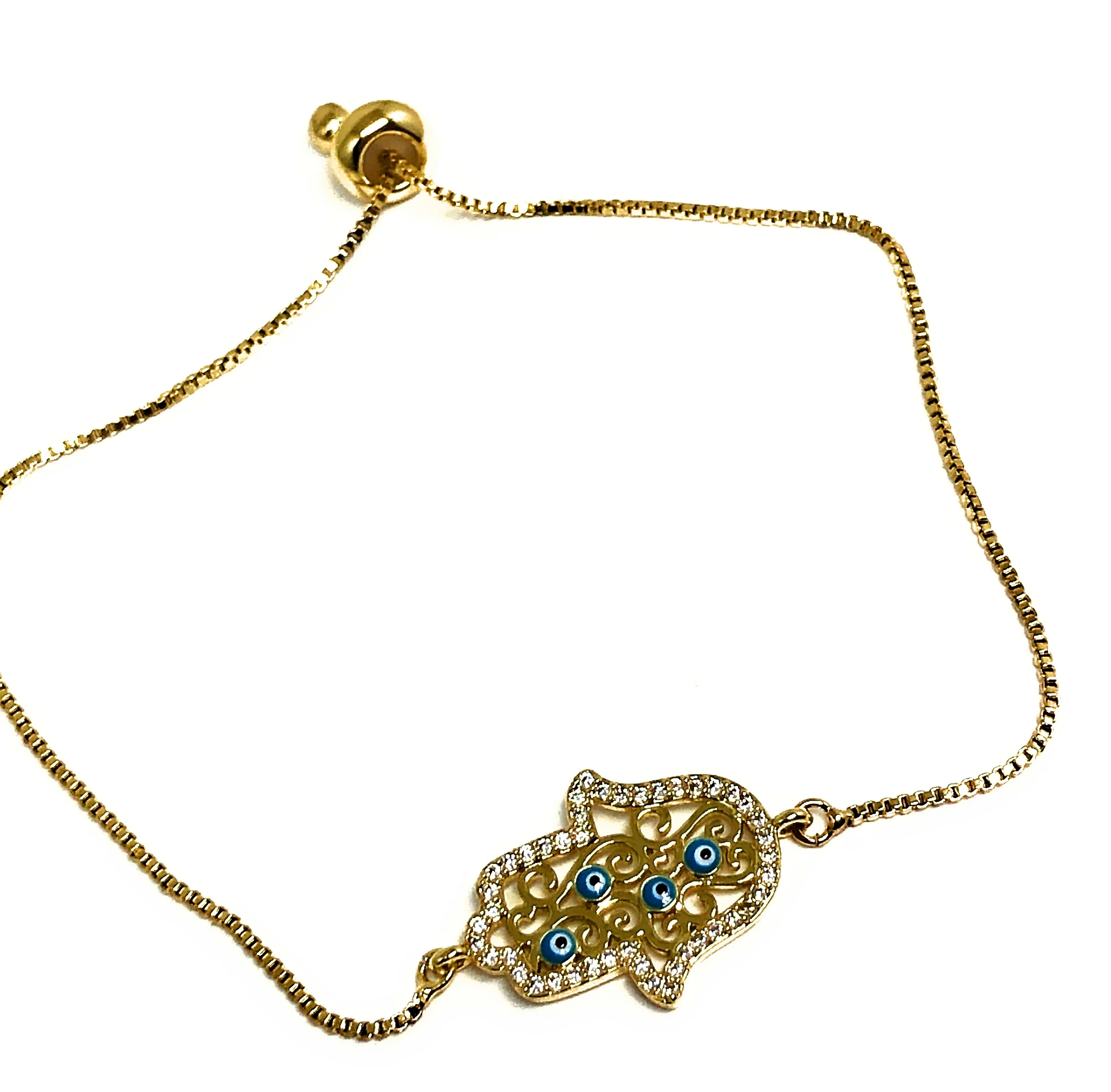 Gold Plated Hamsa Hand Evil Eye Adjustable Bracelet 9 inch - Image 2