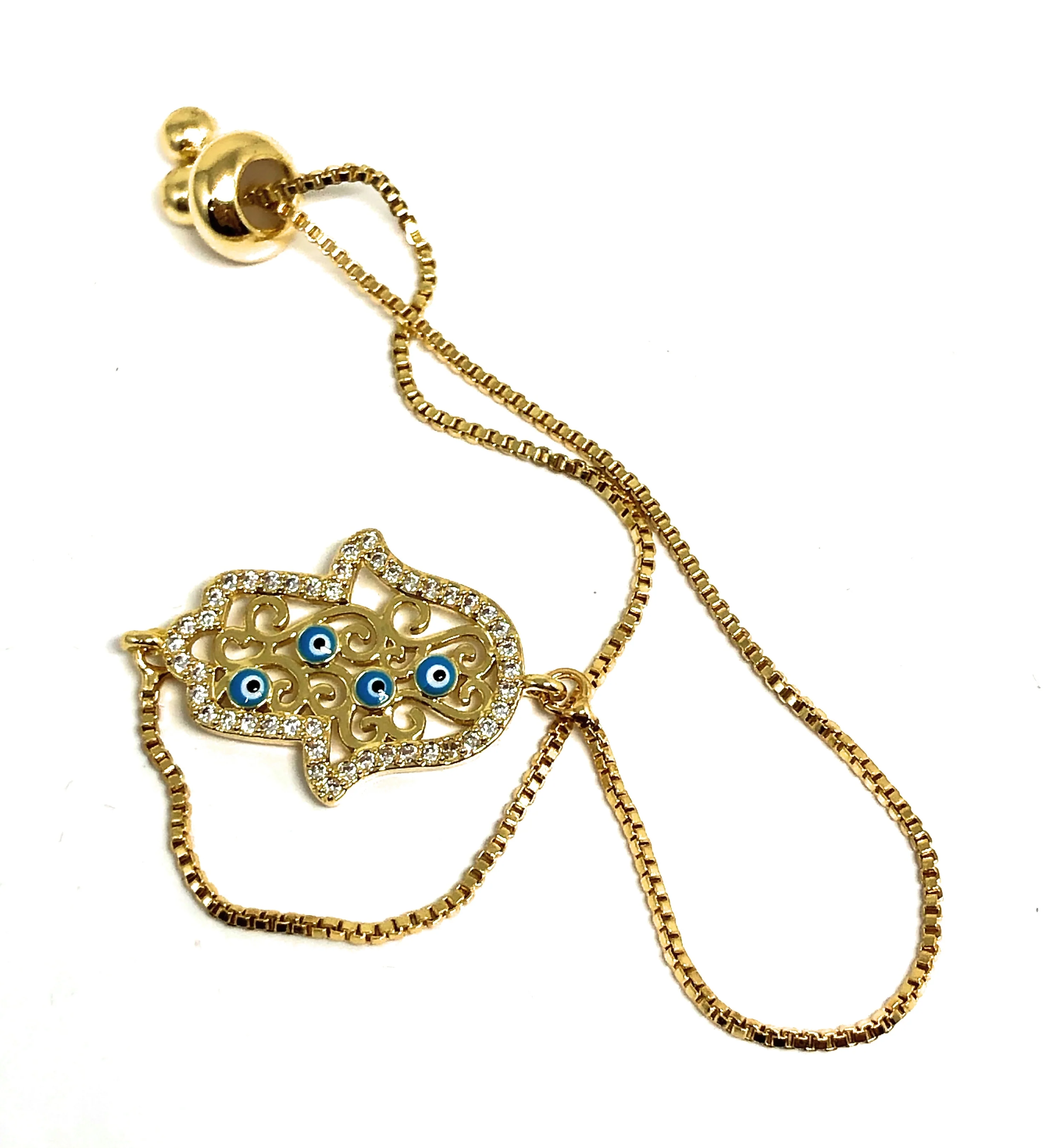 Gold Plated Hamsa Hand Evil Eye Adjustable Bracelet 9 inch - Image 3