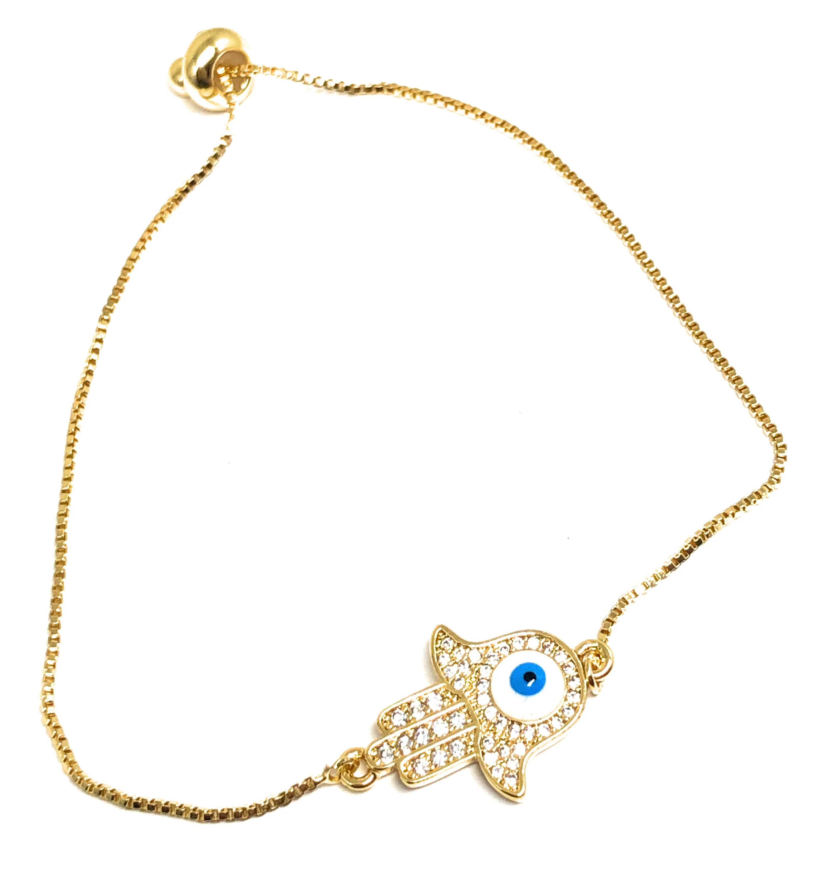 Gold Plated Hamsa Hand Evil Eye Adjustable Bracelet 9 inch - Image 2