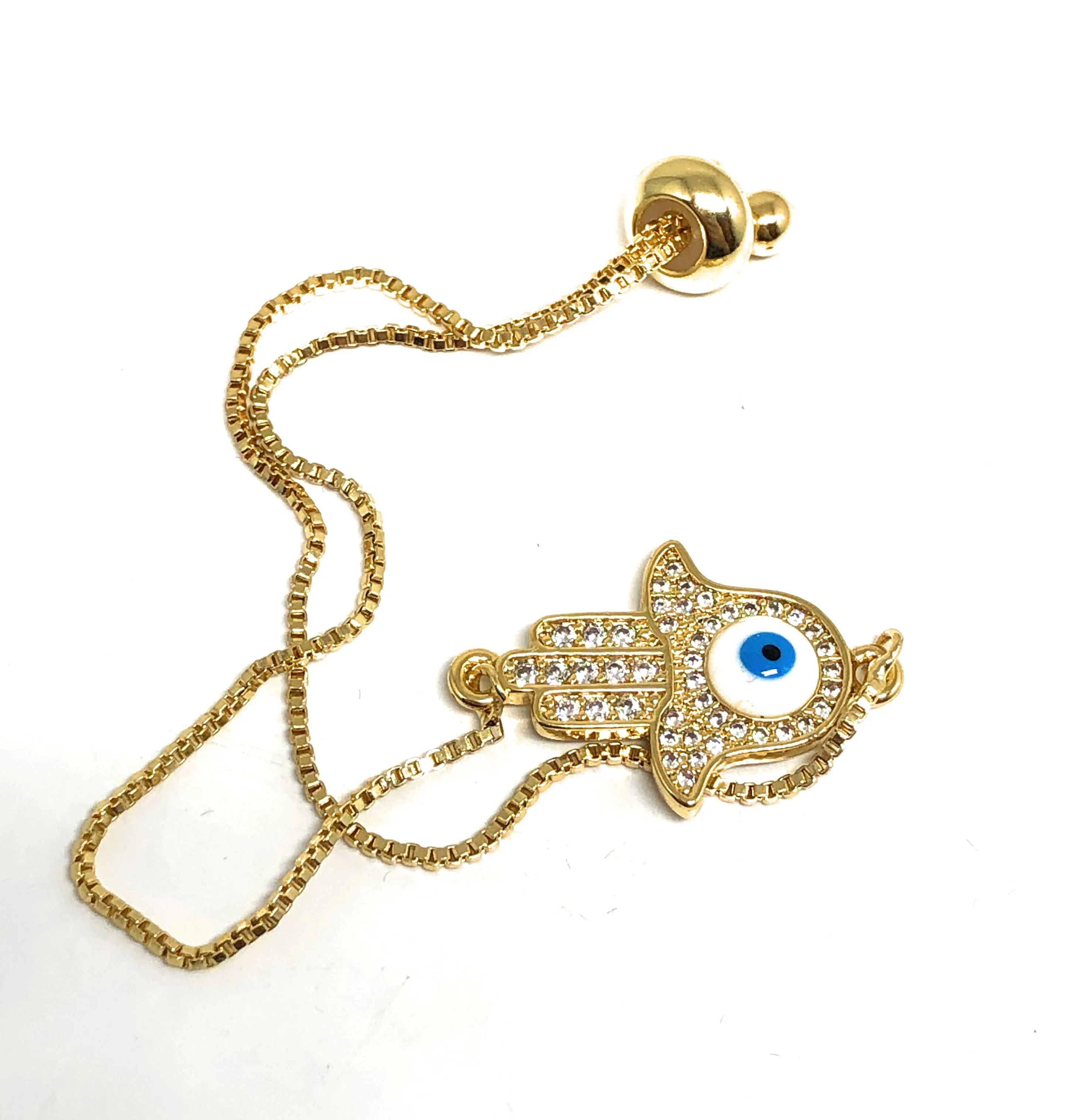 Gold Plated Hamsa Hand Evil Eye Adjustable Bracelet 9 inch - Image 3