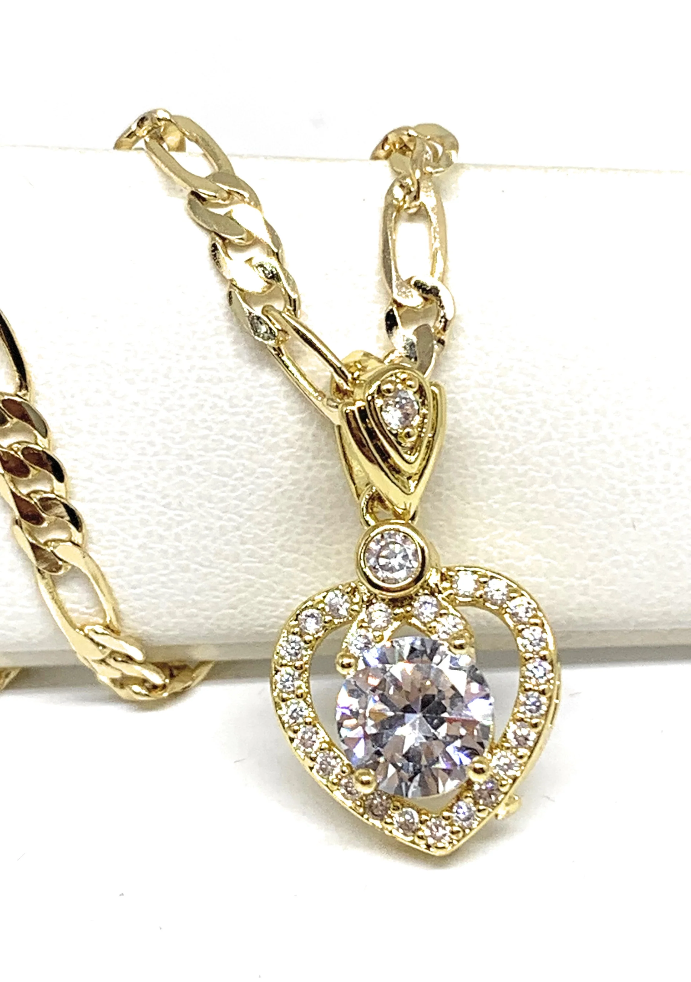 Gold Plated Heart Cubic Zirconia Pendant Necklace Chain 24”