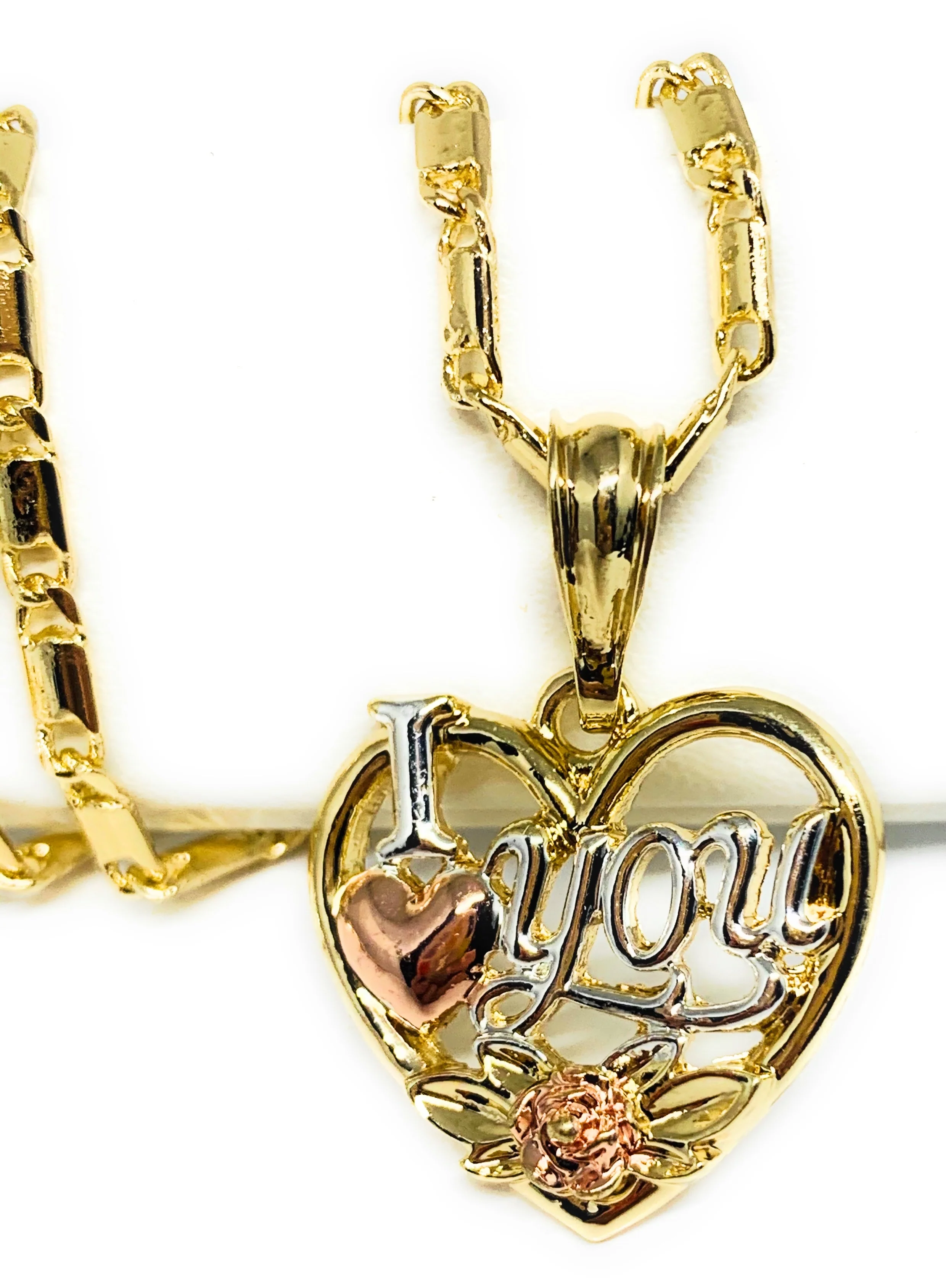 Gold Plated Heart "I Love you" Rose Pendant Necklace Chain 24” Corazón Medalla - Image 3