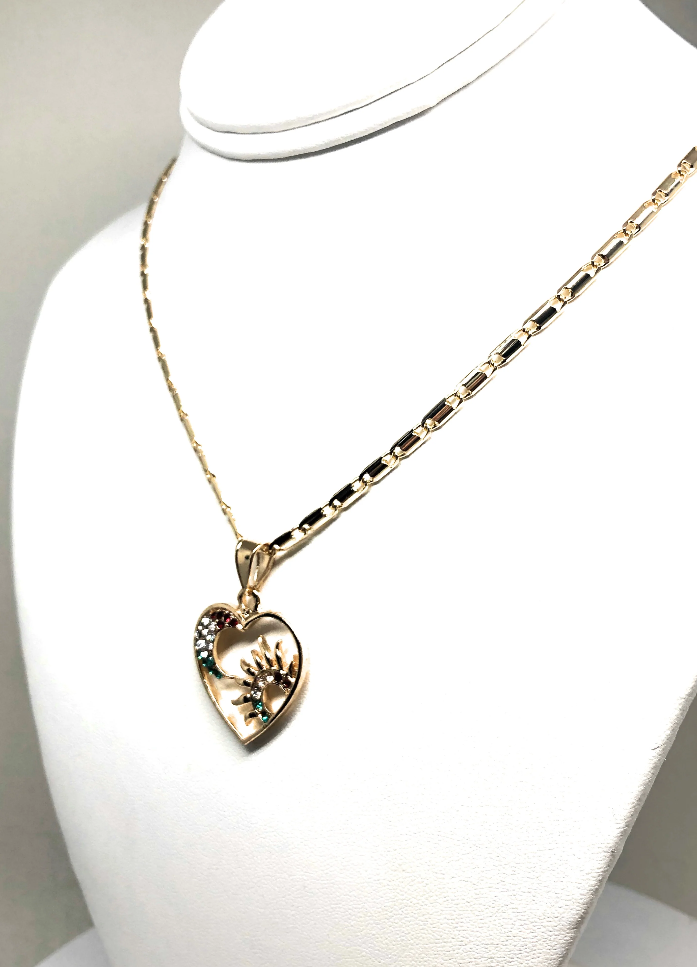 Gold Plated Heart Moon and Sun Necklace Rhinestones Necklace Pendant 24” Chain - Image 6