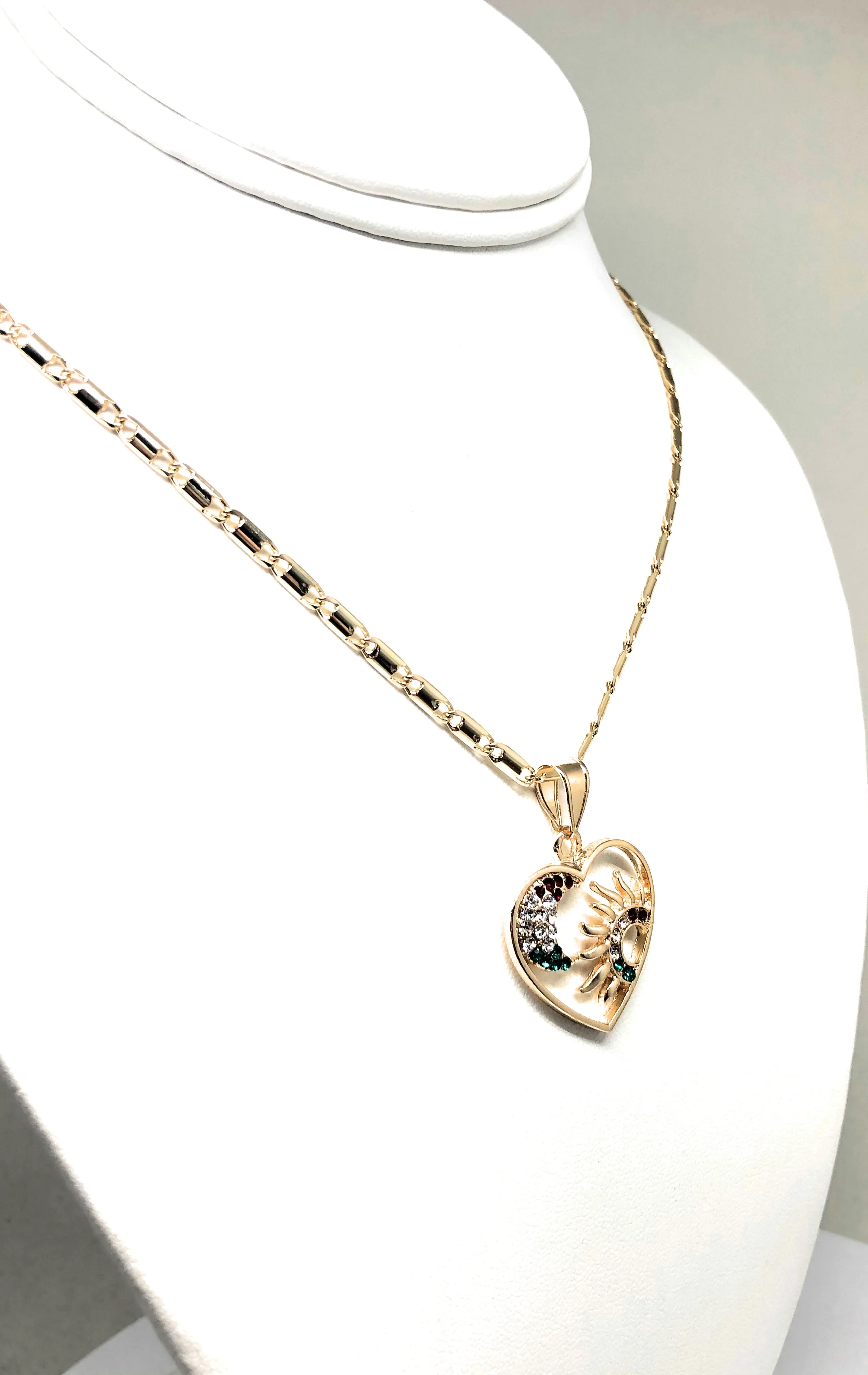 Gold Plated Heart Moon and Sun Necklace Rhinestones Necklace Pendant 24” Chain - Image 7