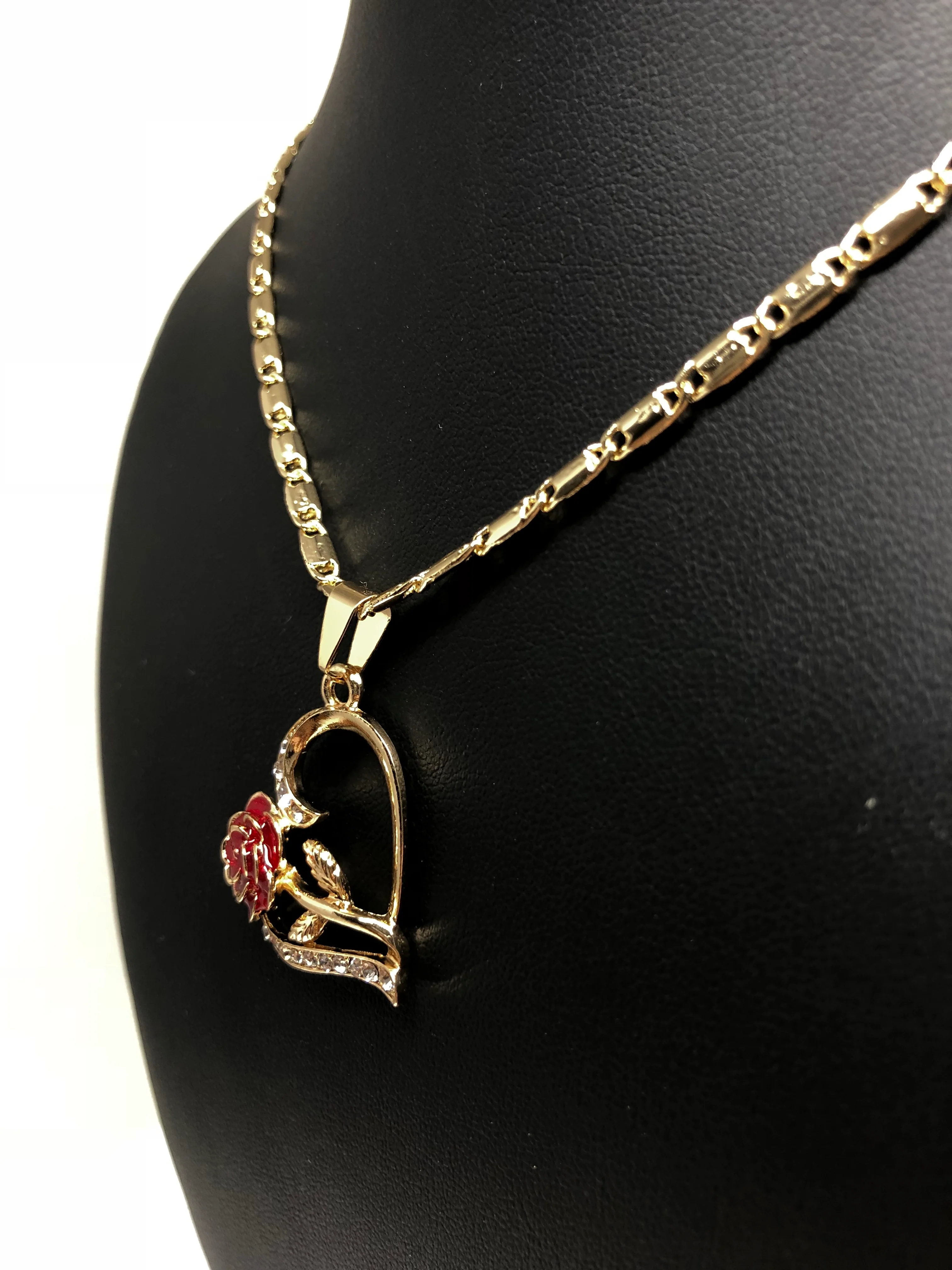 Gold Plated Tri-Color Heart Rose CZ Pendant Necklace VALENTINA Chain 24” - Image 3