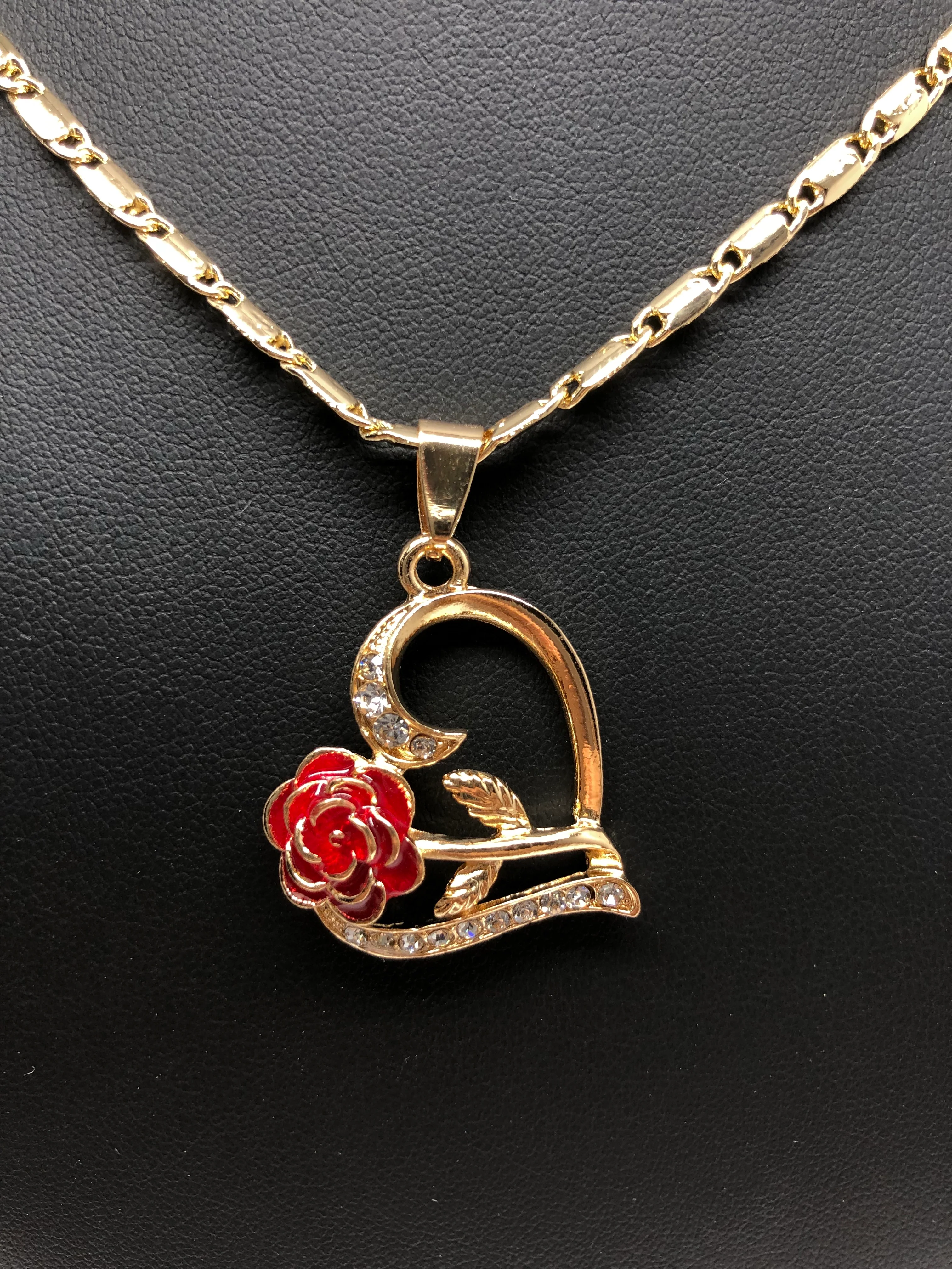 Gold Plated Tri-Color Heart Rose CZ Pendant Necklace VALENTINA Chain 24” - Image 4