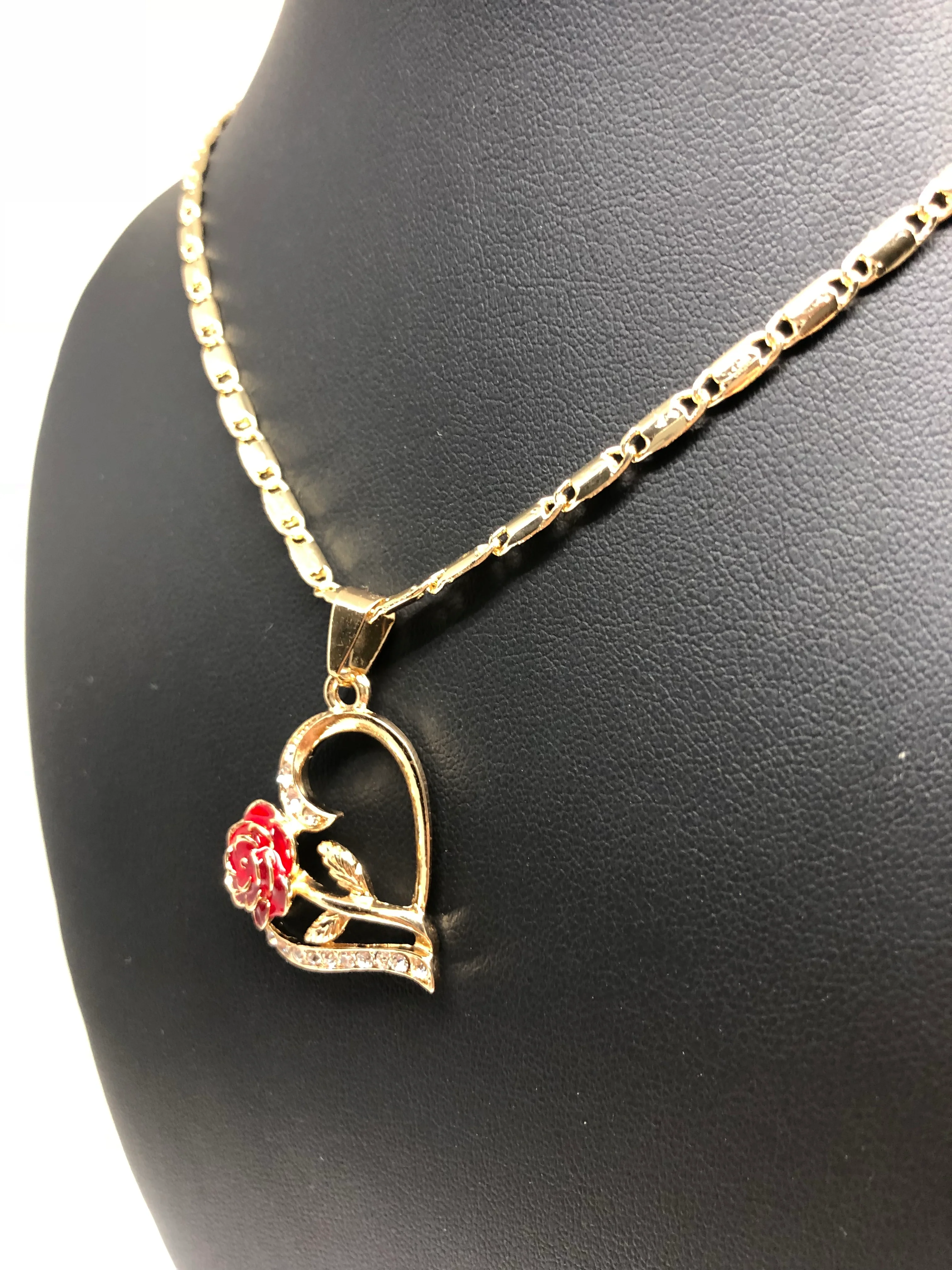 Gold Plated Tri-Color Heart Rose CZ Pendant Necklace VALENTINA Chain 24” - Image 5