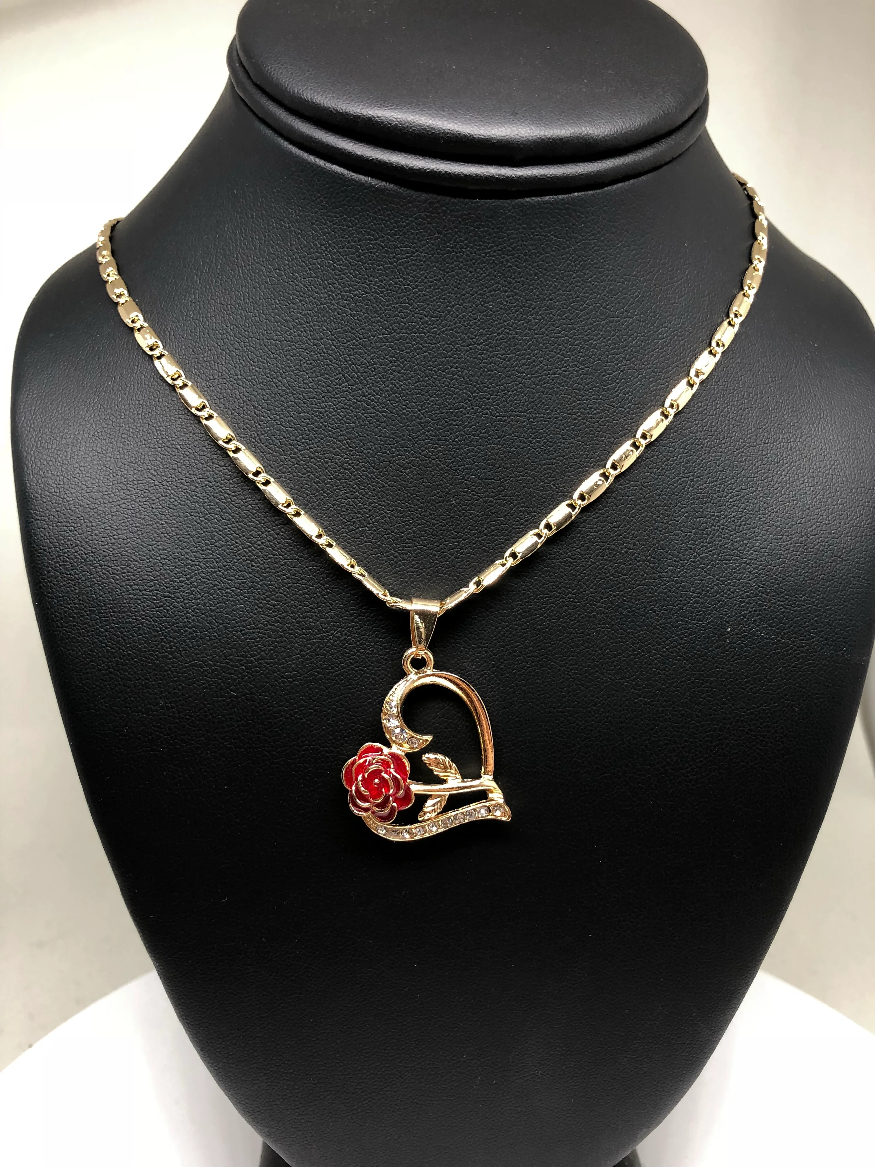 Gold Plated Tri-Color Heart Rose CZ Pendant Necklace VALENTINA Chain 24” - Image 6