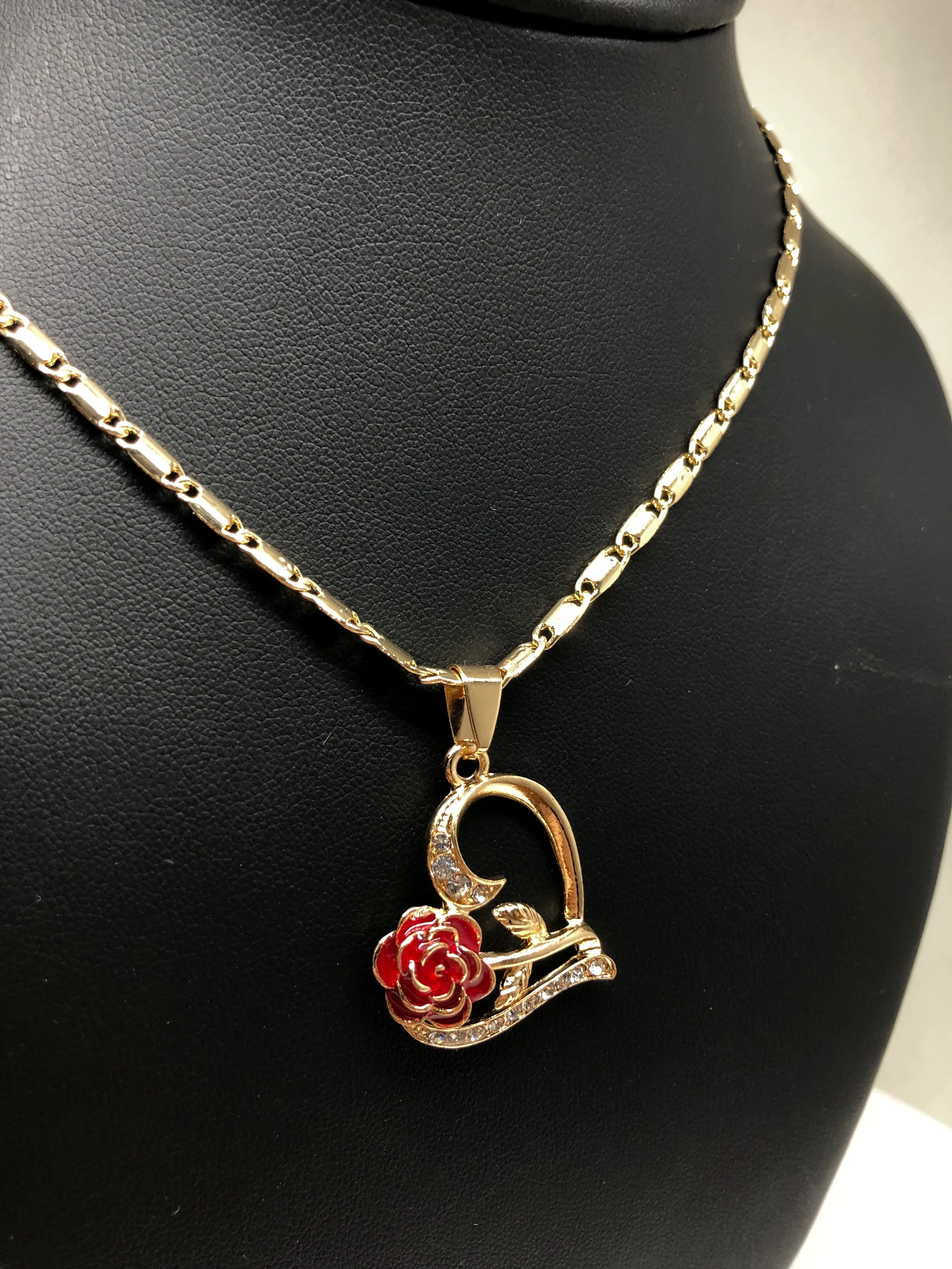 Gold Plated Tri-Color Heart Rose CZ Pendant Necklace VALENTINA Chain 24” - Image 7