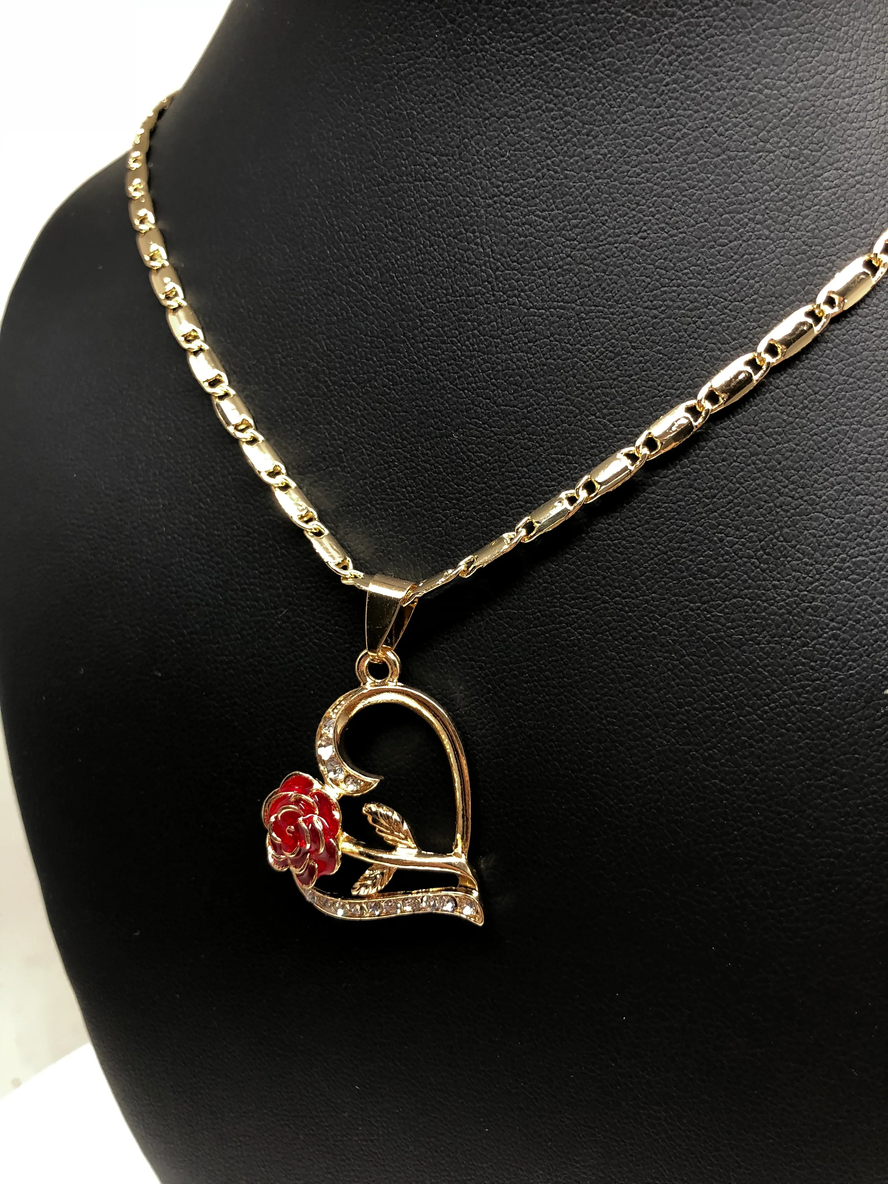 Gold Plated Tri-Color Heart Rose CZ Pendant Necklace VALENTINA Chain 24” - Image 8