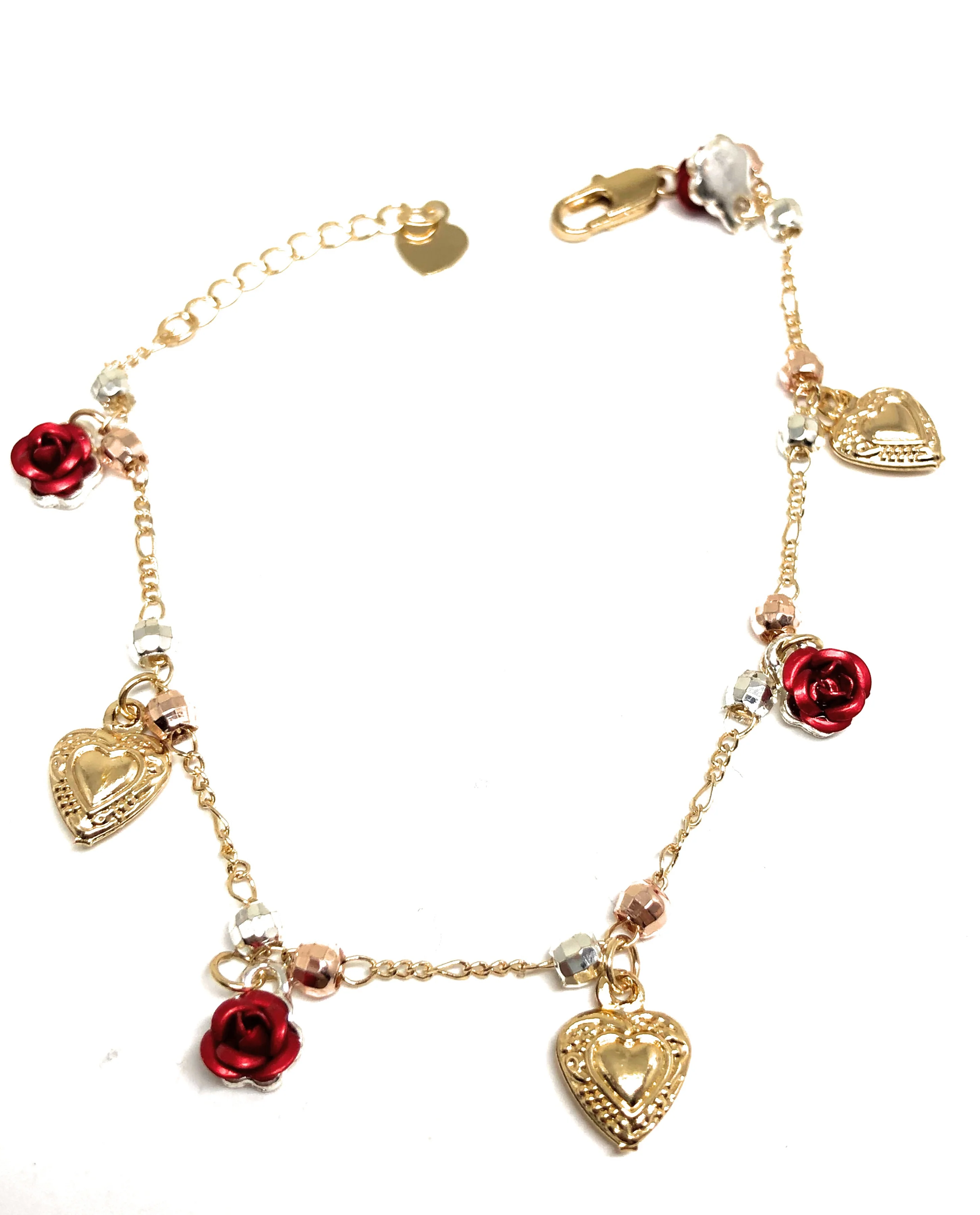 Gold Plated Heart Rose Tri-Color Bracelet 9” - Image 2
