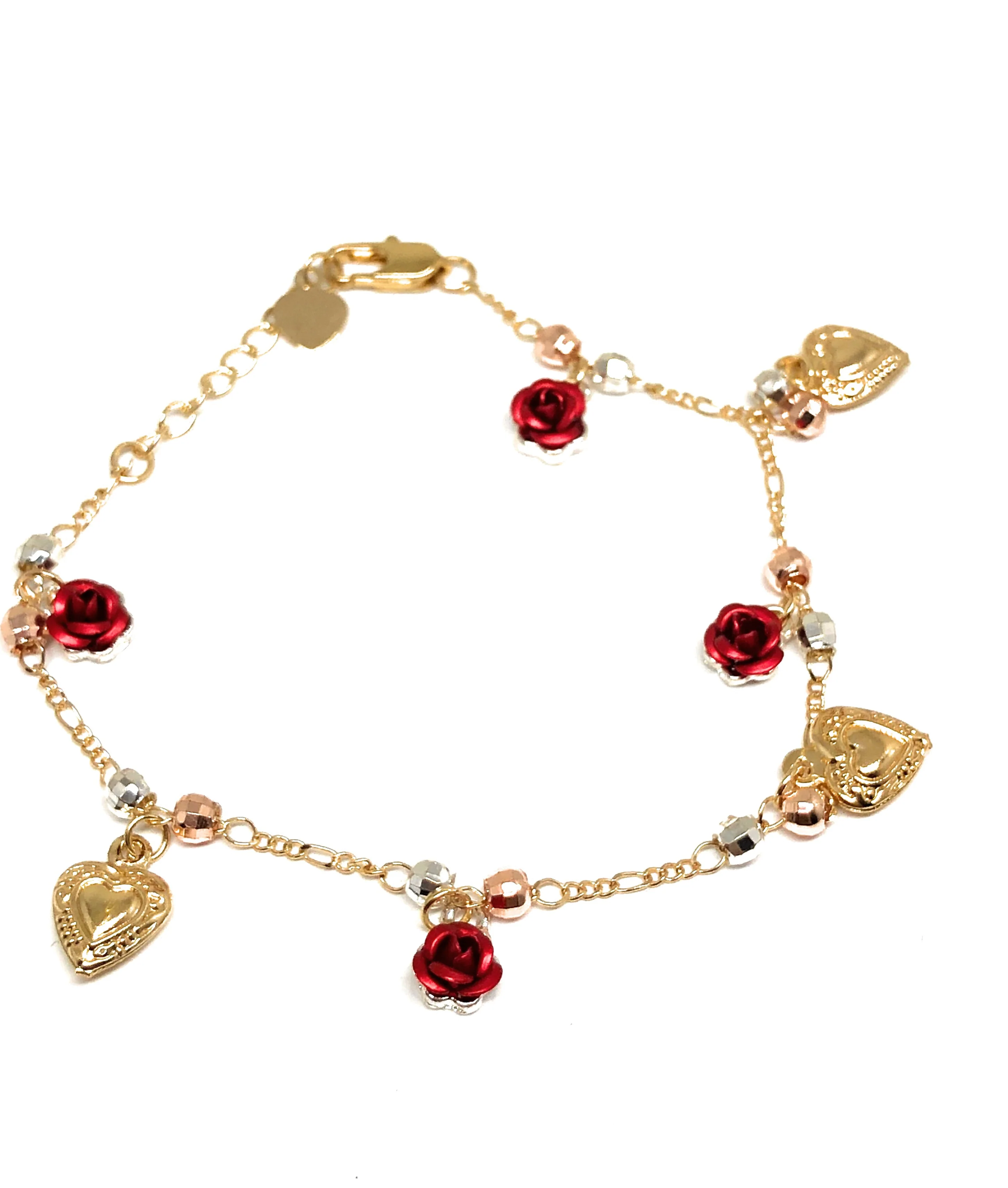 Gold Plated Heart Rose Tri-Color Bracelet 9” - Image 3
