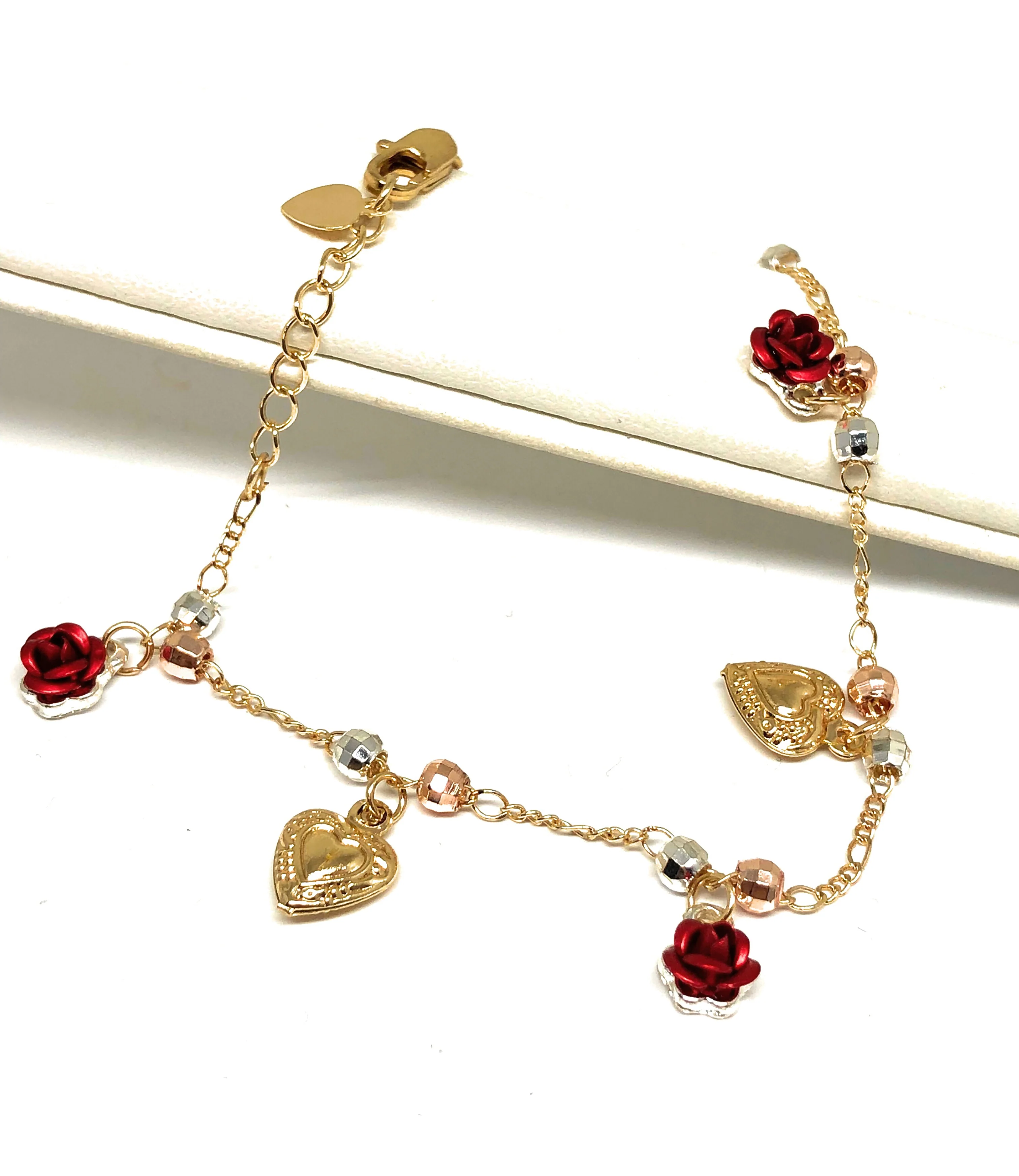 Gold Plated Heart Rose Tri-Color Bracelet 9” - Image 4