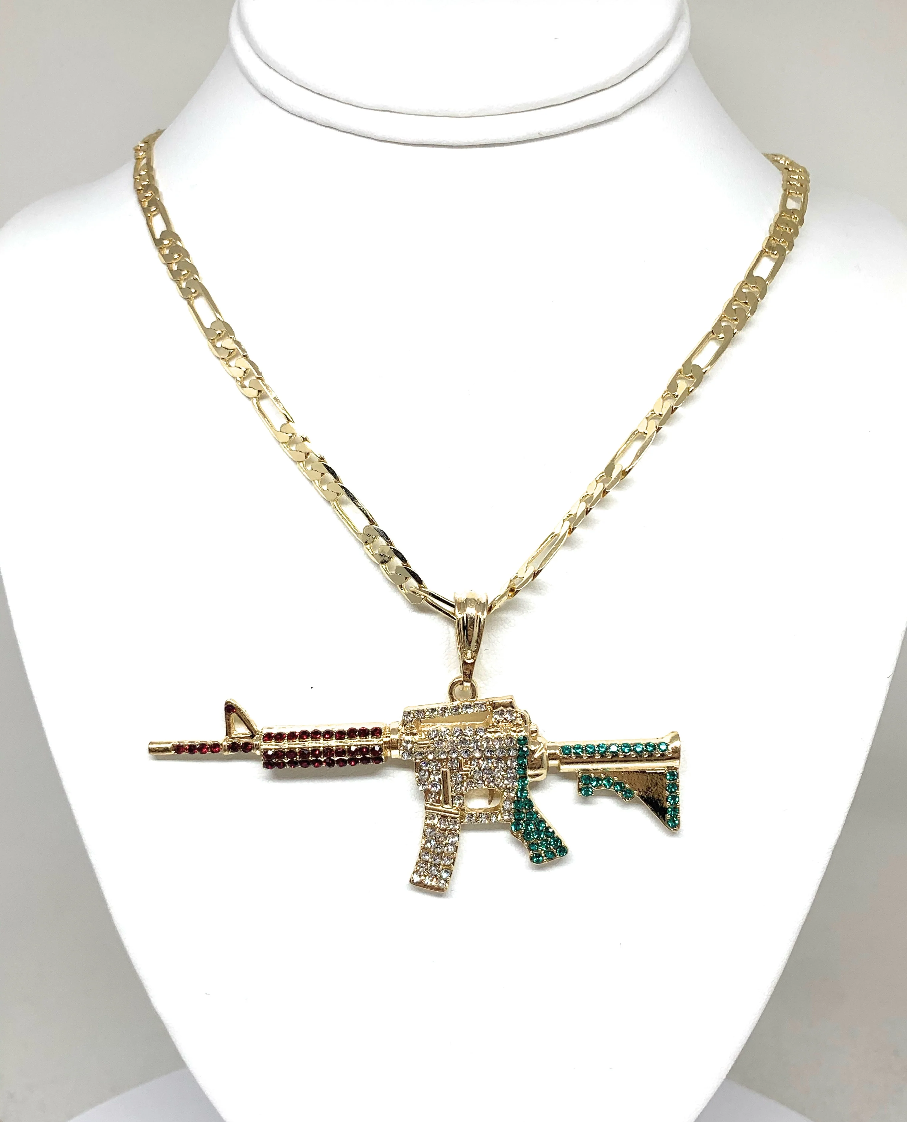 Gold Plated Iced Out Cueno de Chivo Ak-47 Machine Gun Pendant 26 inch figaro chain - Image 3