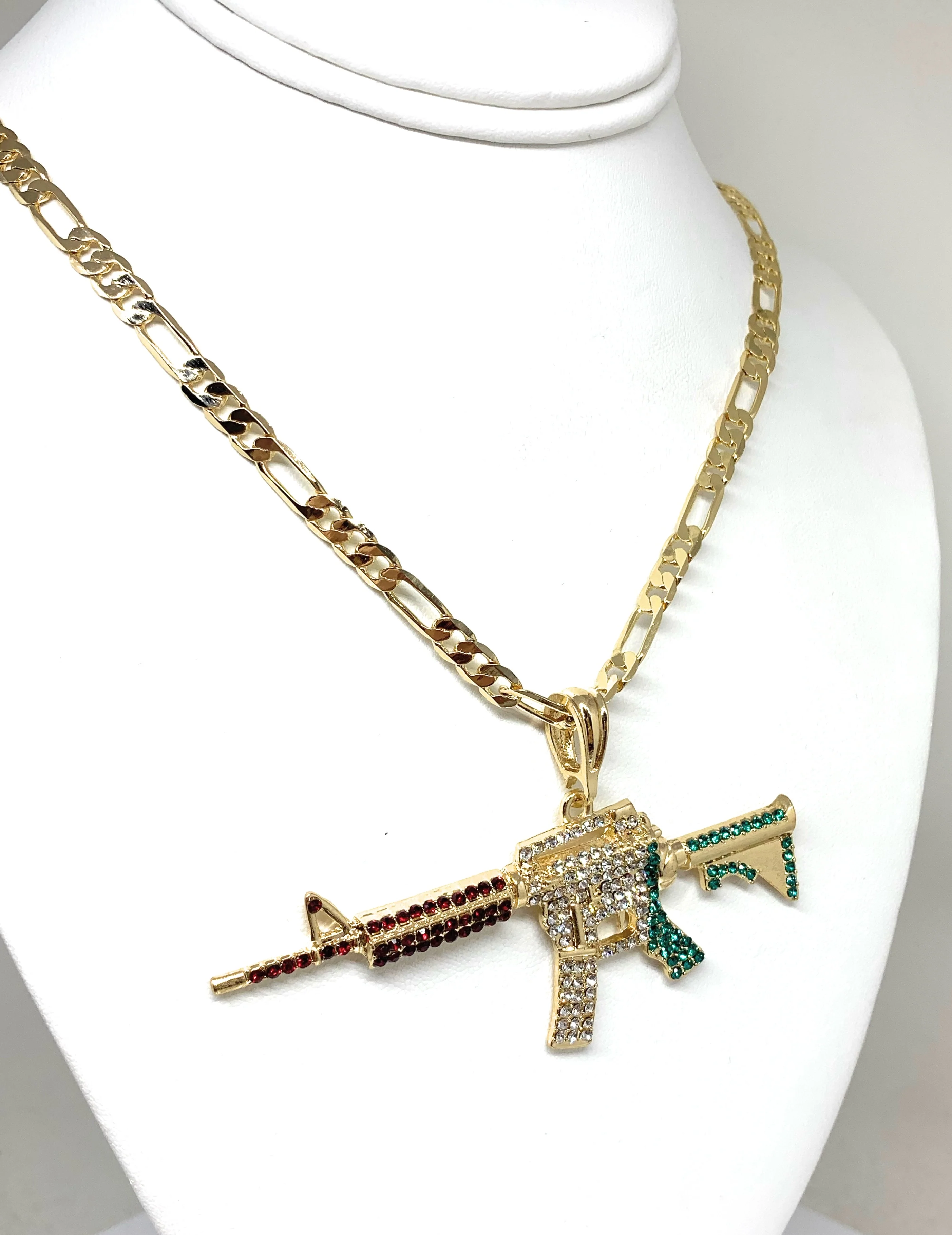 Gold Plated Iced Out Cueno de Chivo Ak-47 Machine Gun Pendant 26 inch figaro chain - Image 4