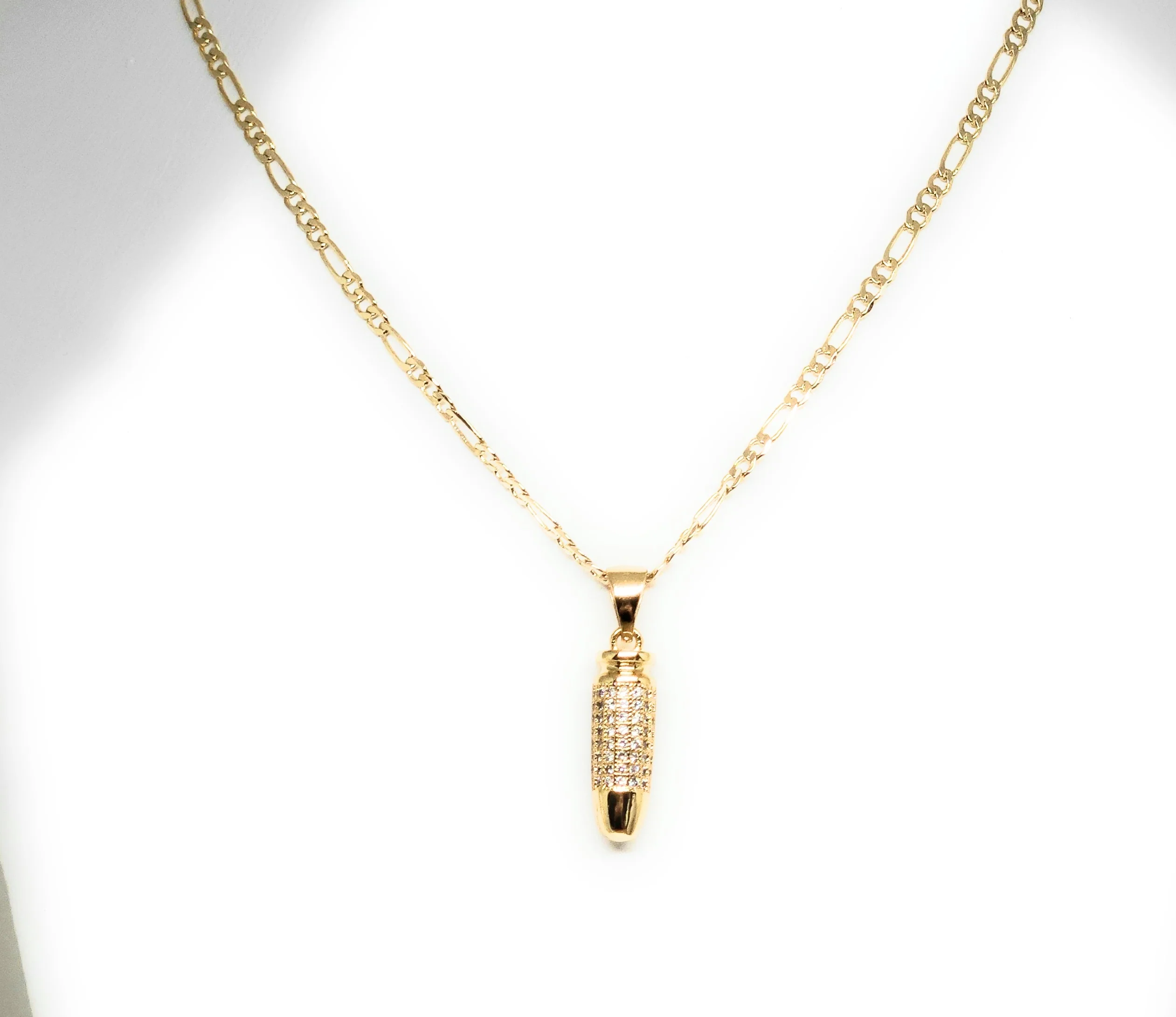 Gold Plated Iced Out CZ 6mm BULLET PENDANT 24" FIGARO Chain - Image 3
