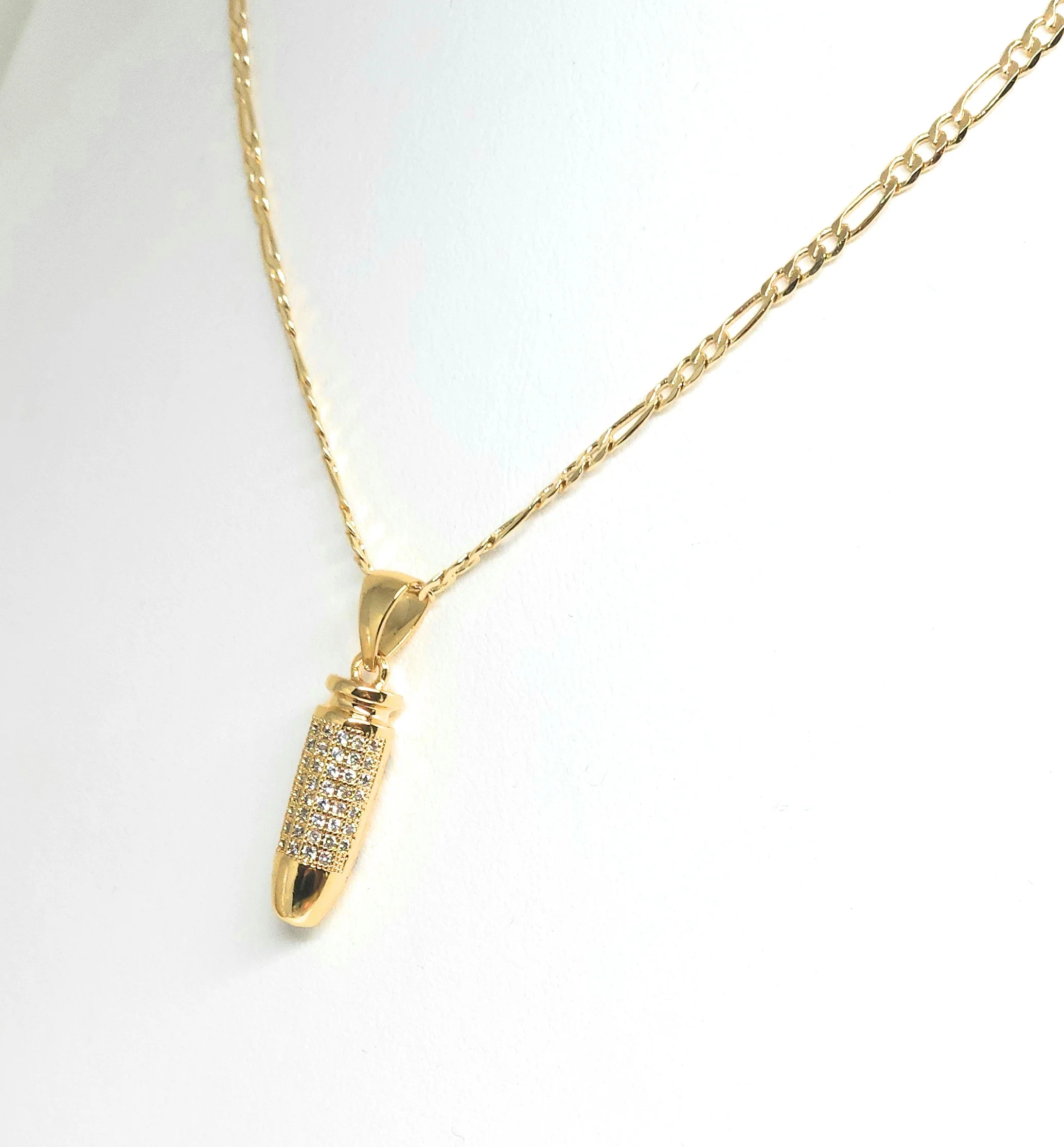 Gold Plated Iced Out CZ 6mm BULLET PENDANT 24" FIGARO Chain - Image 4