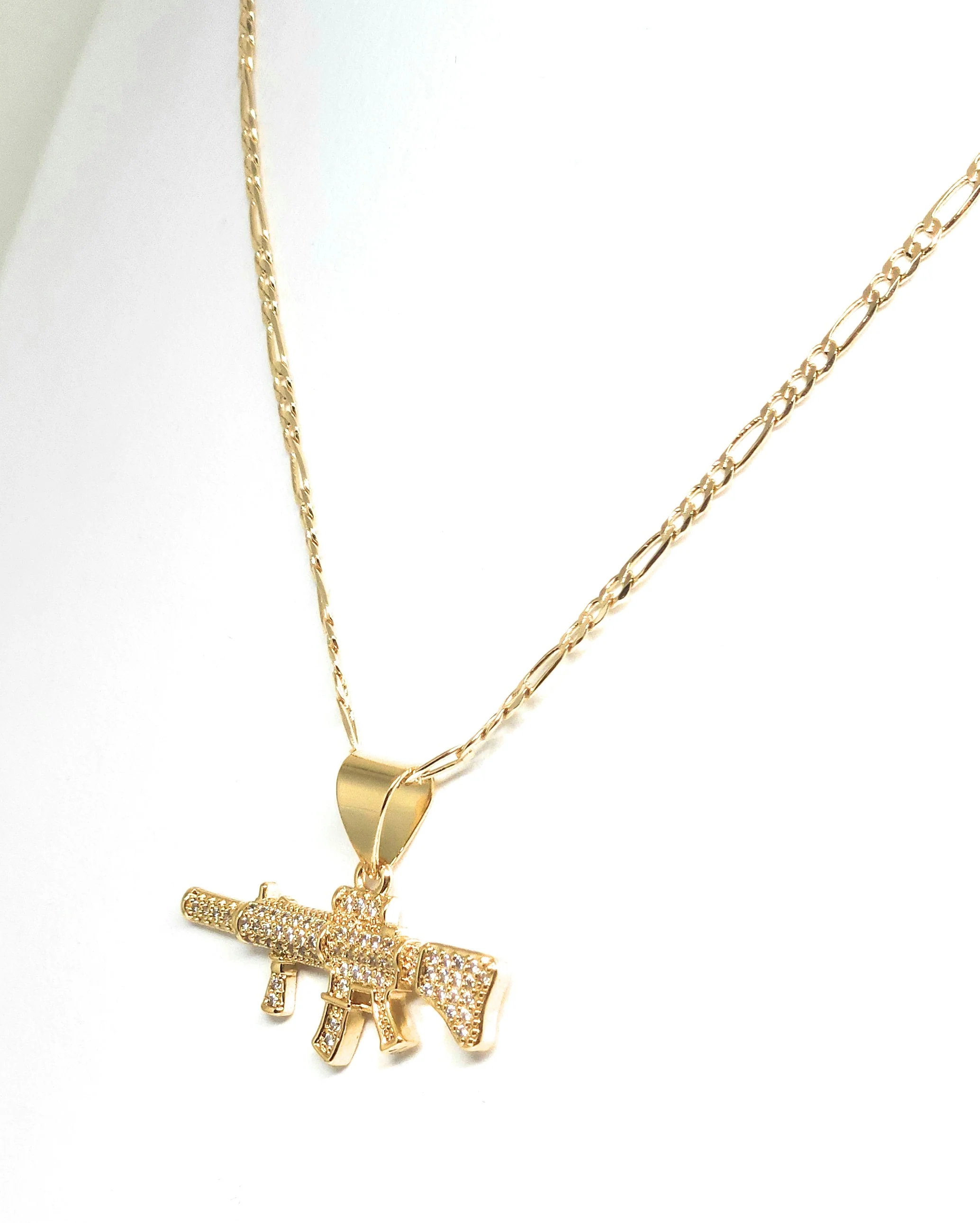 Gold Plated Iced Out CZ CUERNO DE CHIVO AK-47 MACHINE GUN MICRO PENDANT 24" FIGARO Chain - Image 3