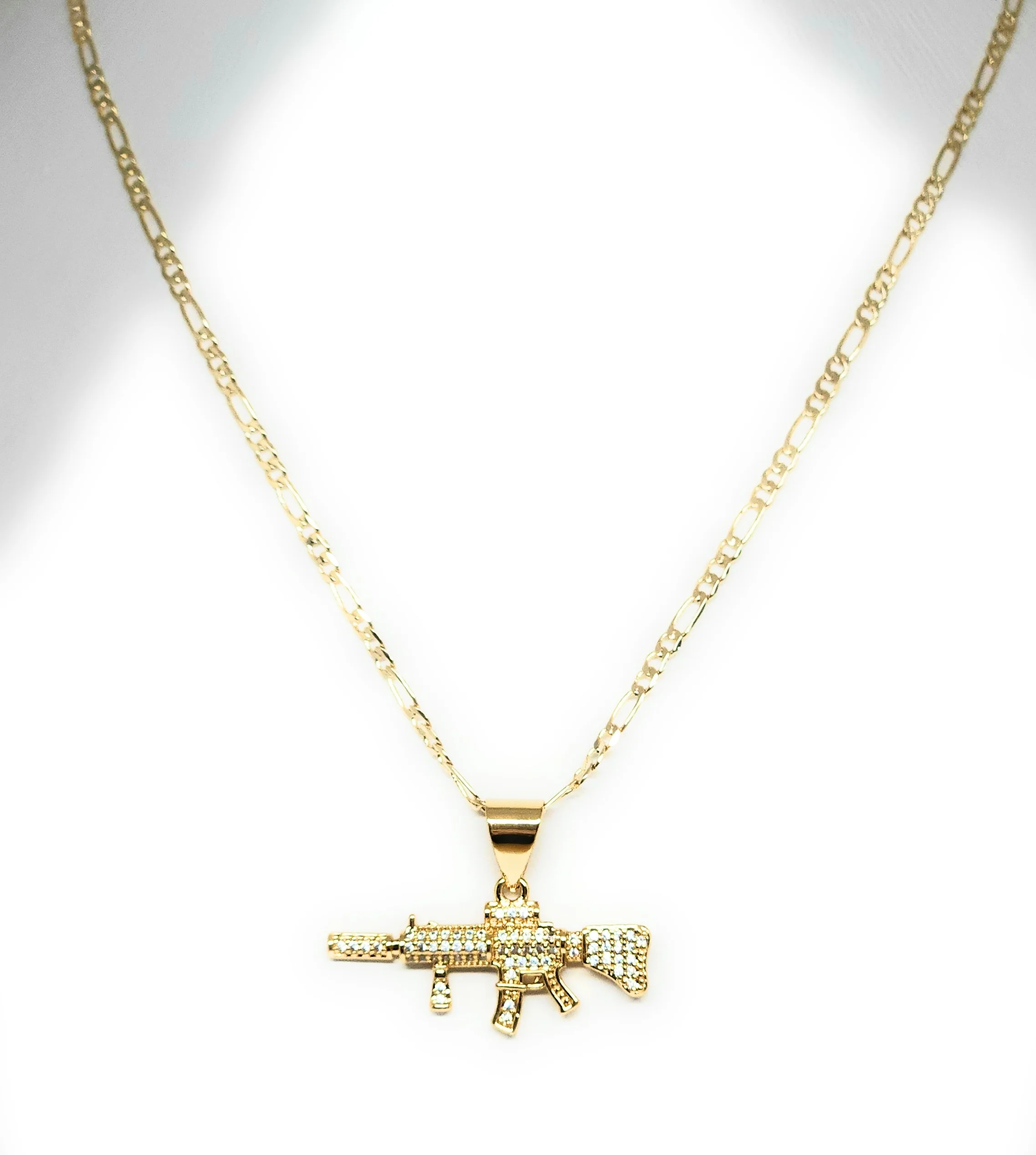 Gold Plated Iced Out CZ CUERNO DE CHIVO AK-47 MACHINE GUN MICRO PENDANT 24" FIGARO Chain - Image 4