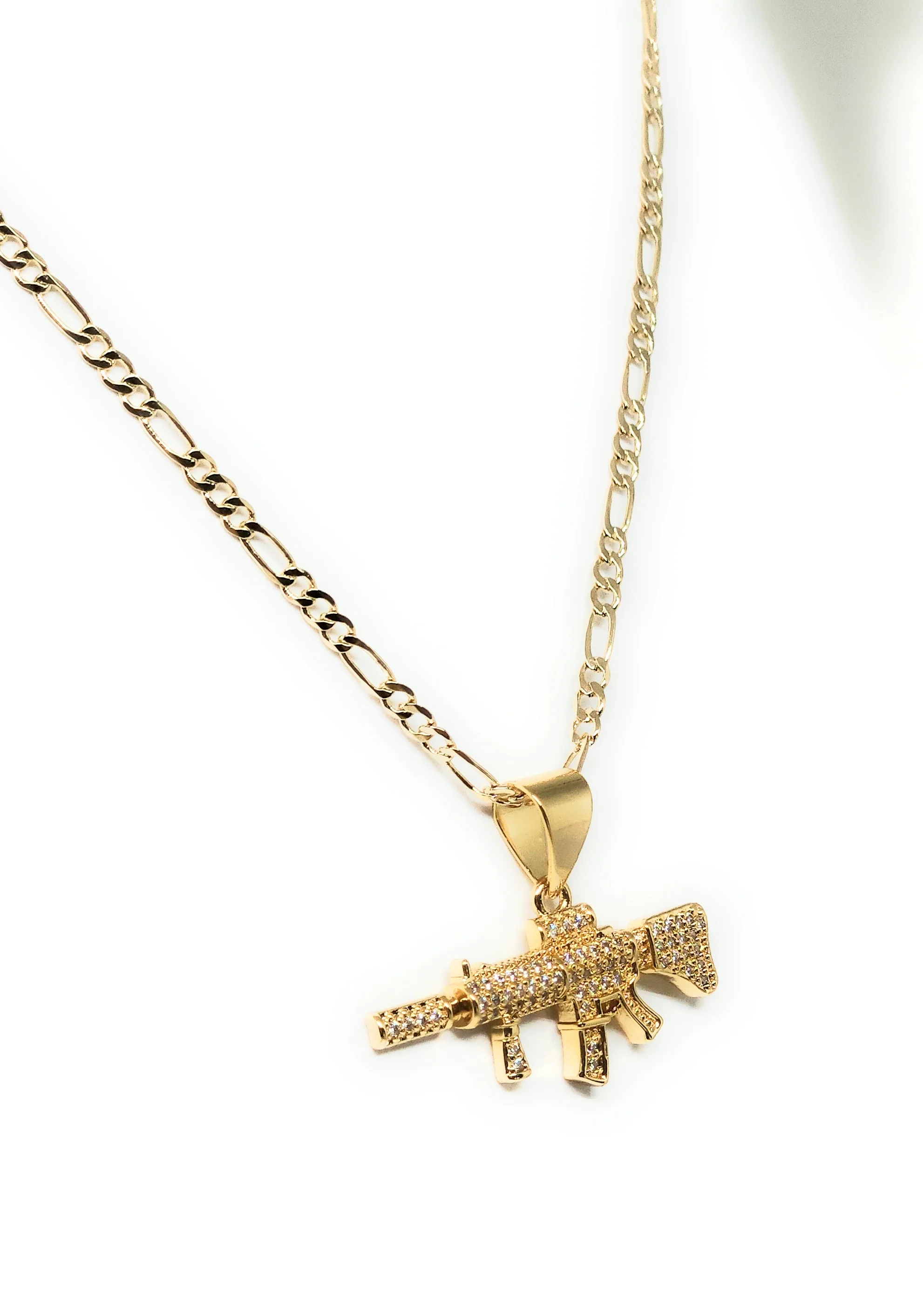Gold Plated Iced Out CZ CUERNO DE CHIVO AK-47 MACHINE GUN MICRO PENDANT 24" FIGARO Chain - Image 5