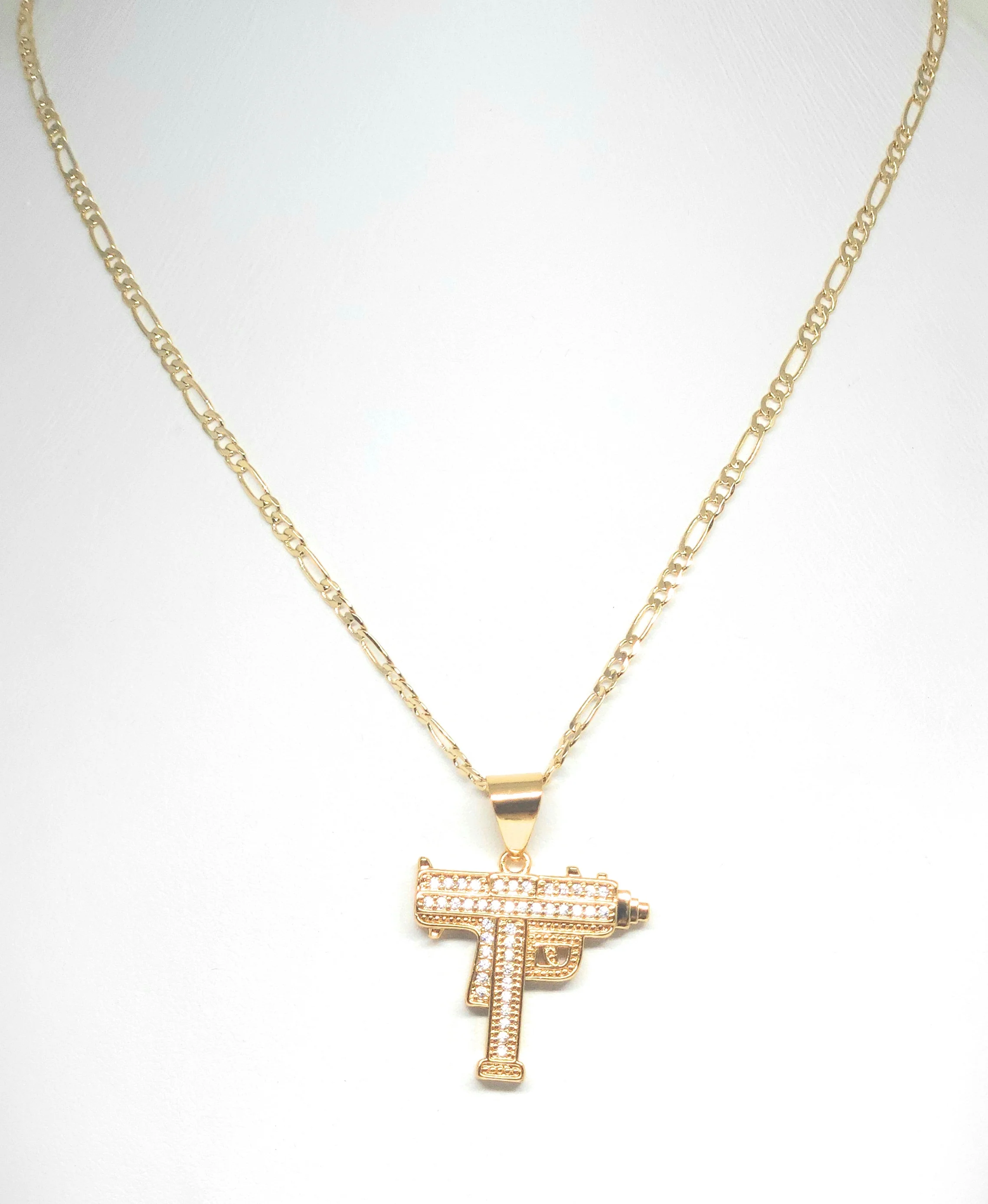 Gold Plated Iced Out CZ UZI MACHINE GUN MICRO PENDANT 24" FIGARO Chain - Image 3
