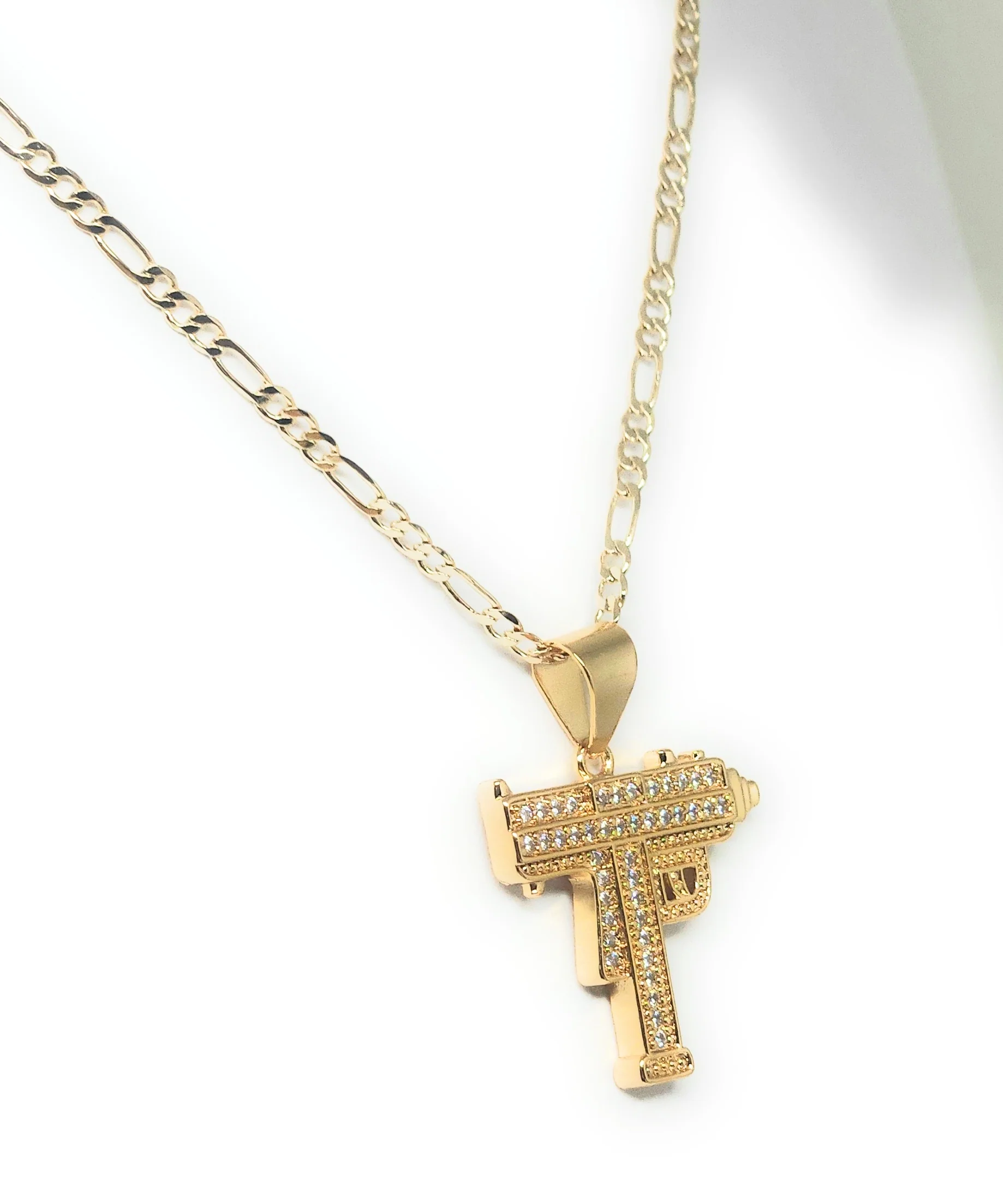 Gold Plated Iced Out CZ UZI MACHINE GUN MICRO PENDANT 24" FIGARO Chain - Image 4