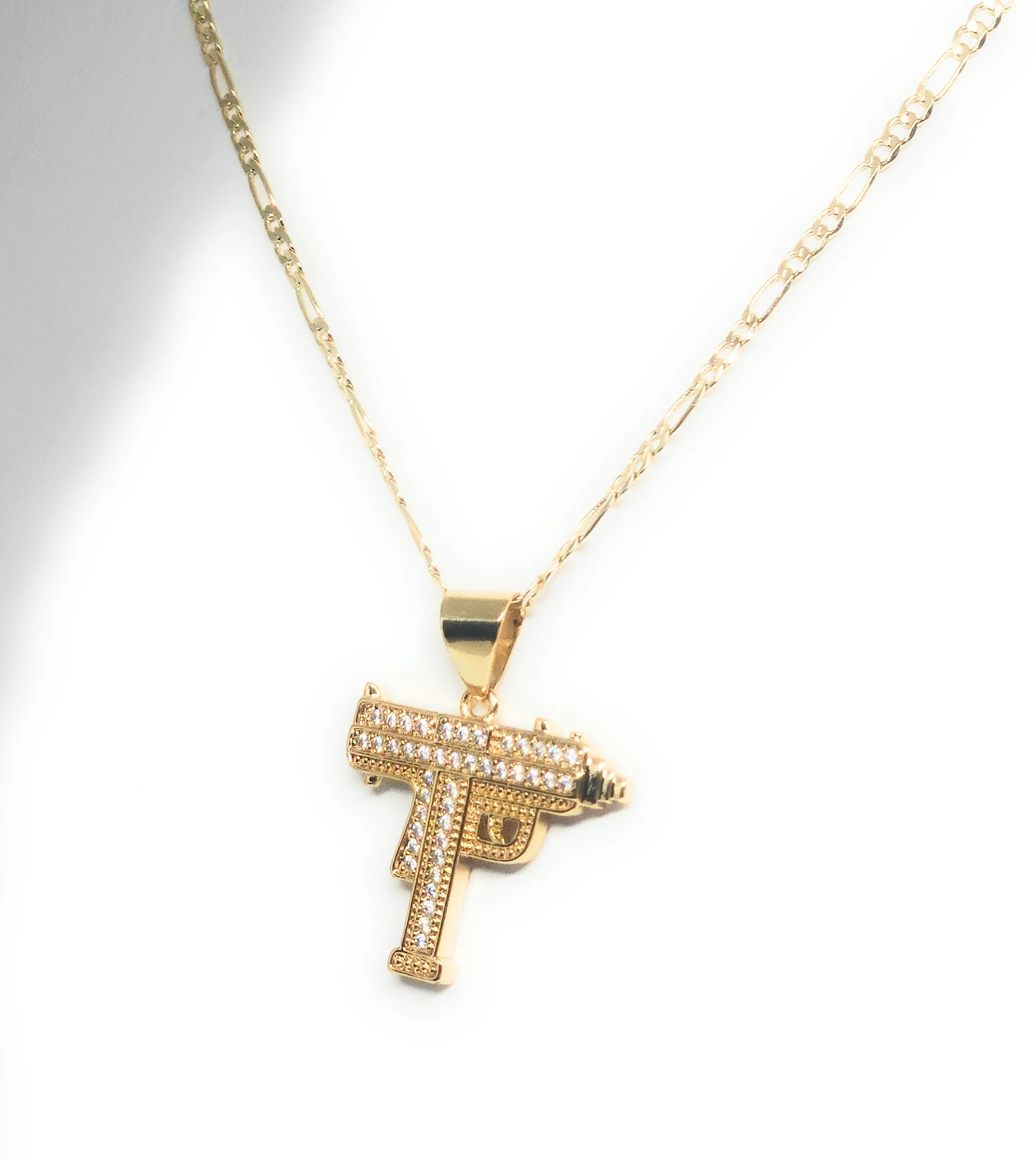 Gold Plated Iced Out CZ UZI MACHINE GUN MICRO PENDANT 24" FIGARO Chain - Image 5