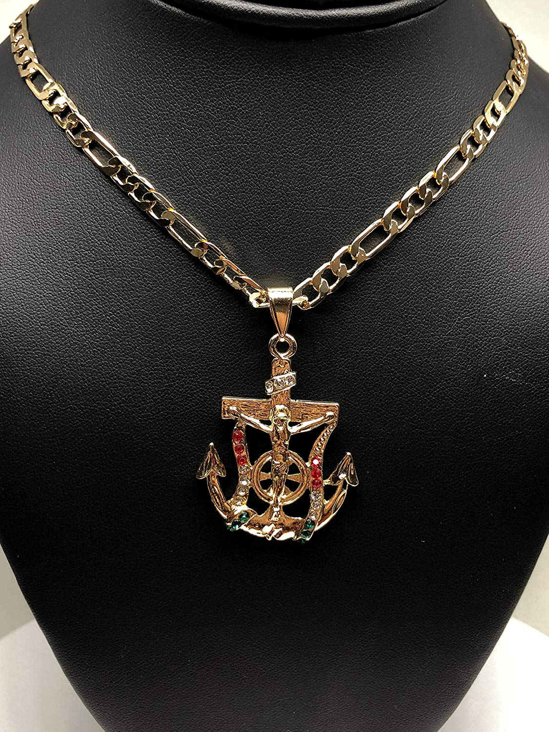Gold Plated Jesus Crucifix Anchor Pendant Necklace Figaro 26" Jesus Crucifijo Ancla Medalla - Image 3
