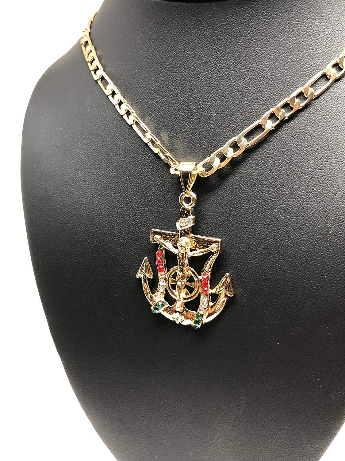Gold Plated Jesus Crucifix Anchor Pendant Necklace Figaro 26" Jesus Crucifijo Ancla Medalla - Image 4