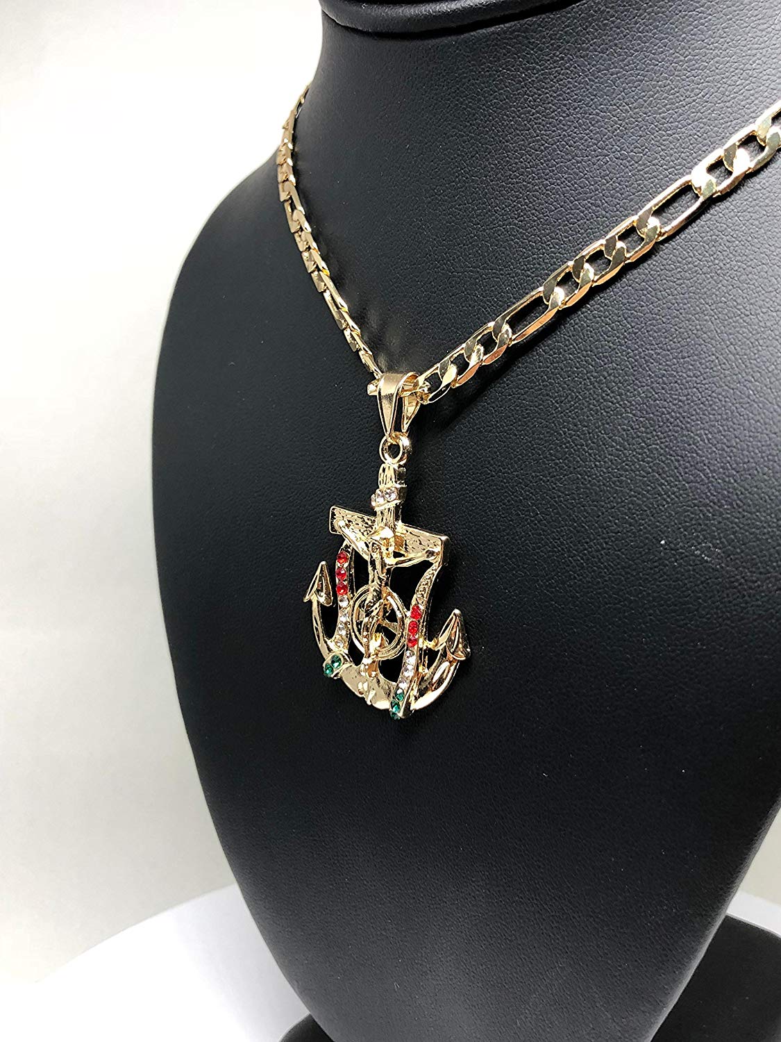Gold Plated Jesus Crucifix Anchor Pendant Necklace Figaro 26" Jesus Crucifijo Ancla Medalla - Image 5