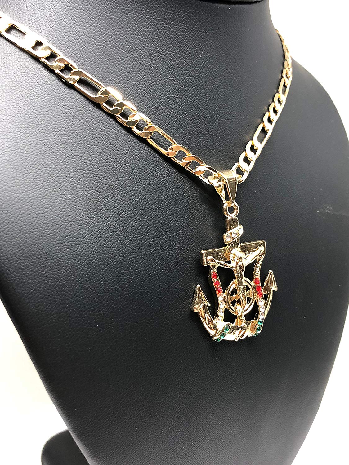 Gold Plated Jesus Crucifix Anchor Pendant Necklace Figaro 26" Jesus Crucifijo Ancla Medalla - Image 6