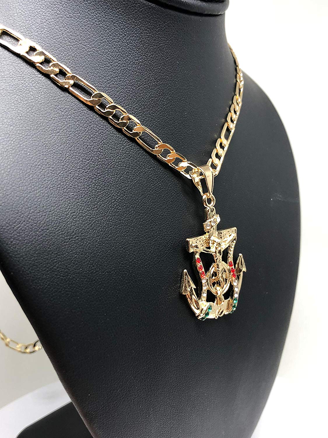 Gold Plated Jesus Crucifix Anchor Pendant Necklace Figaro 26" Jesus Crucifijo Ancla Medalla - Image 7