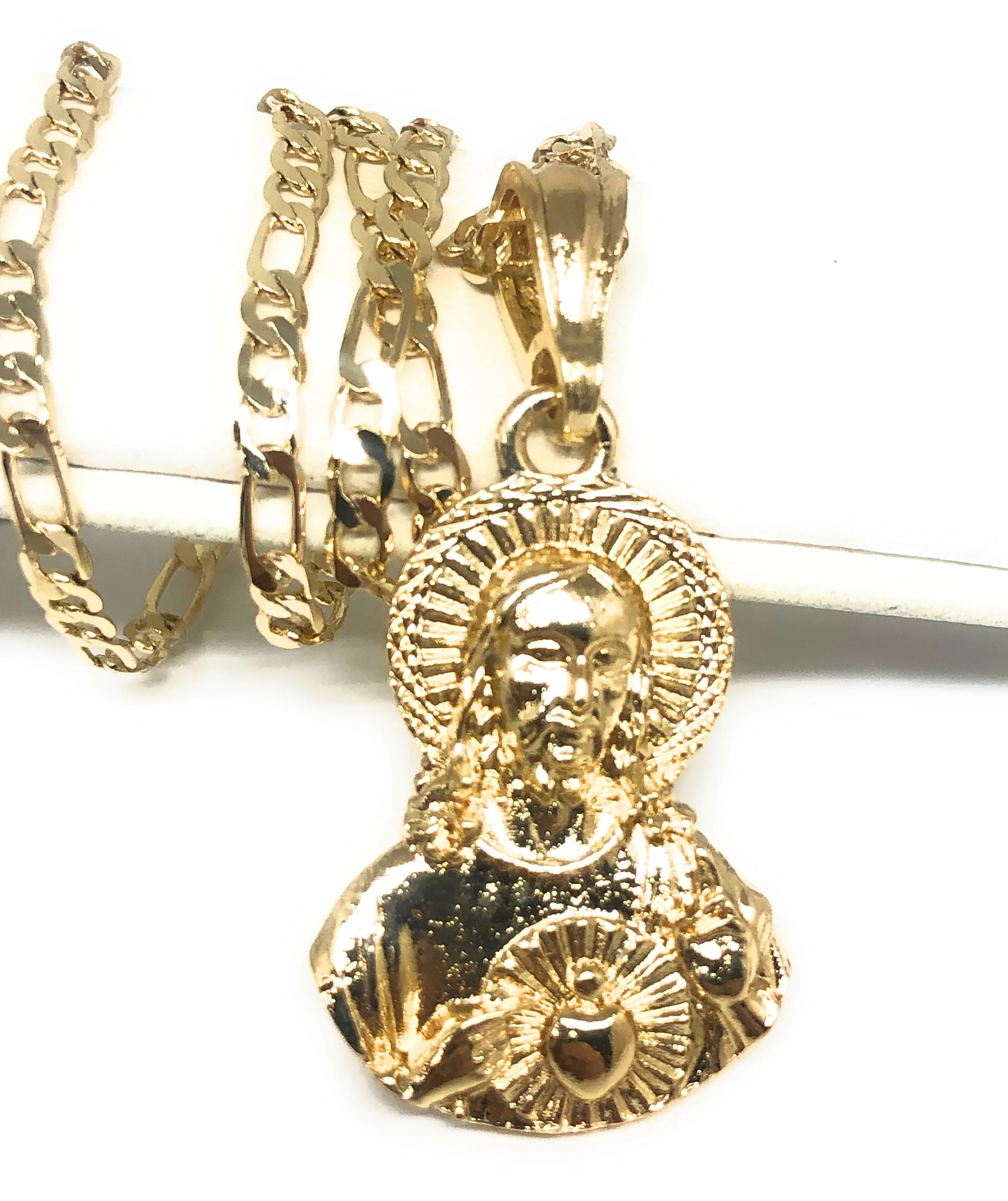 Gold Plated Jesus Sagrado Corazon Image Depiction Pendant 24" Figaro Chain