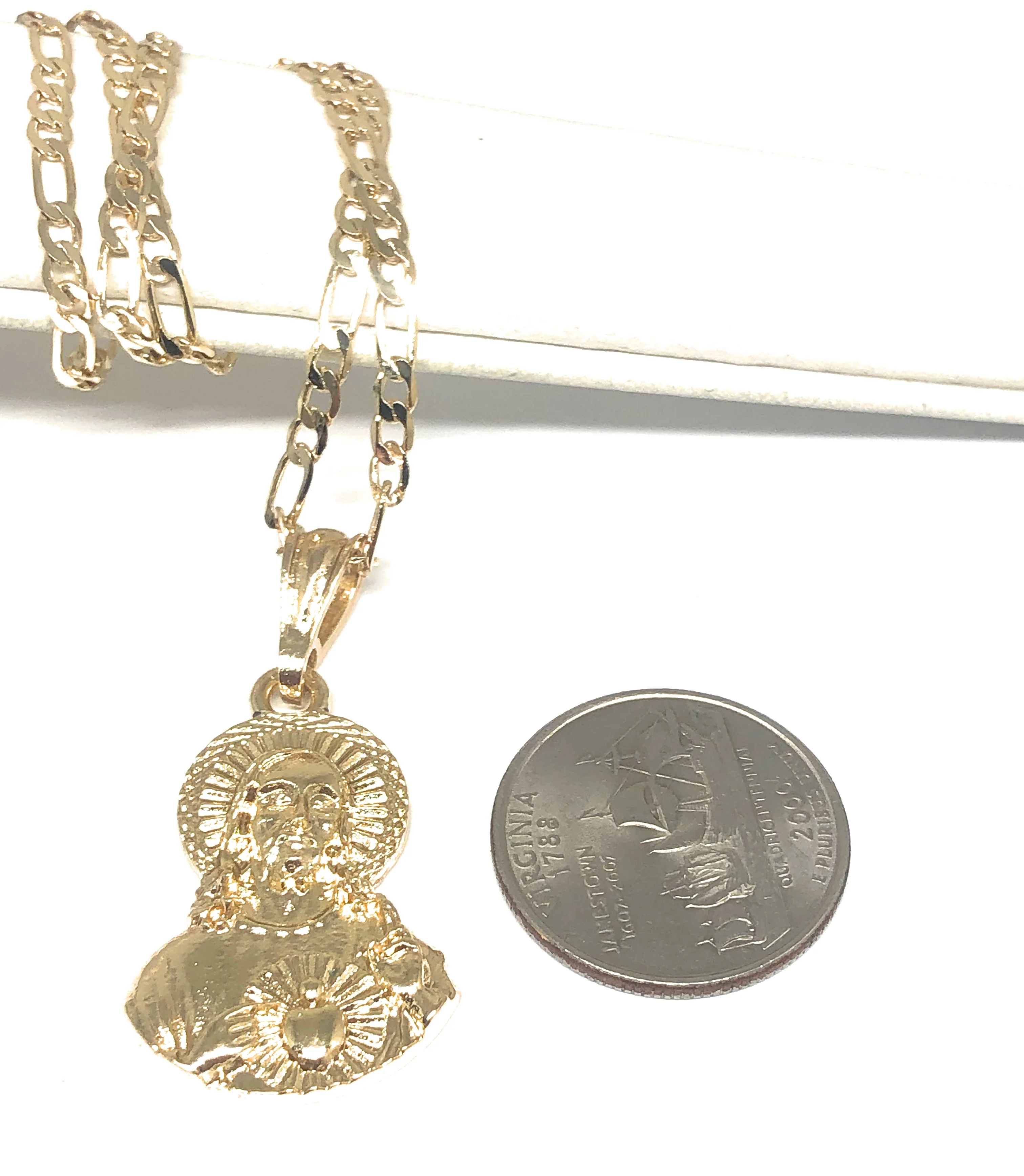 Gold Plated Jesus Sagrado Corazon Image Depiction Pendant 24" Figaro Chain - Image 2