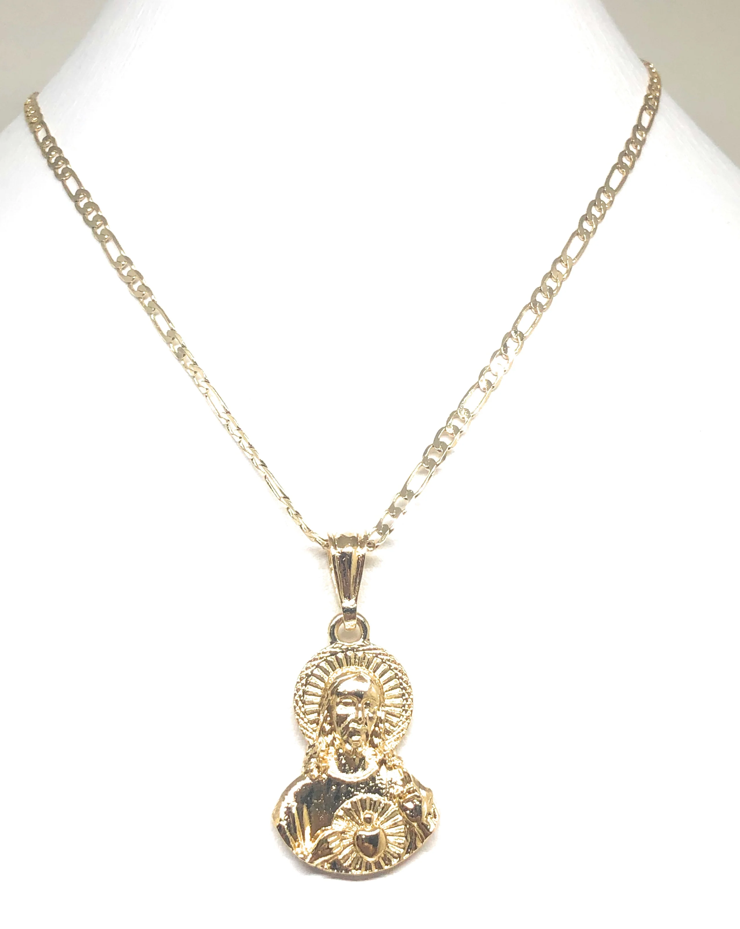 Gold Plated Jesus Sagrado Corazon Image Depiction Pendant 24" Figaro Chain - Image 4