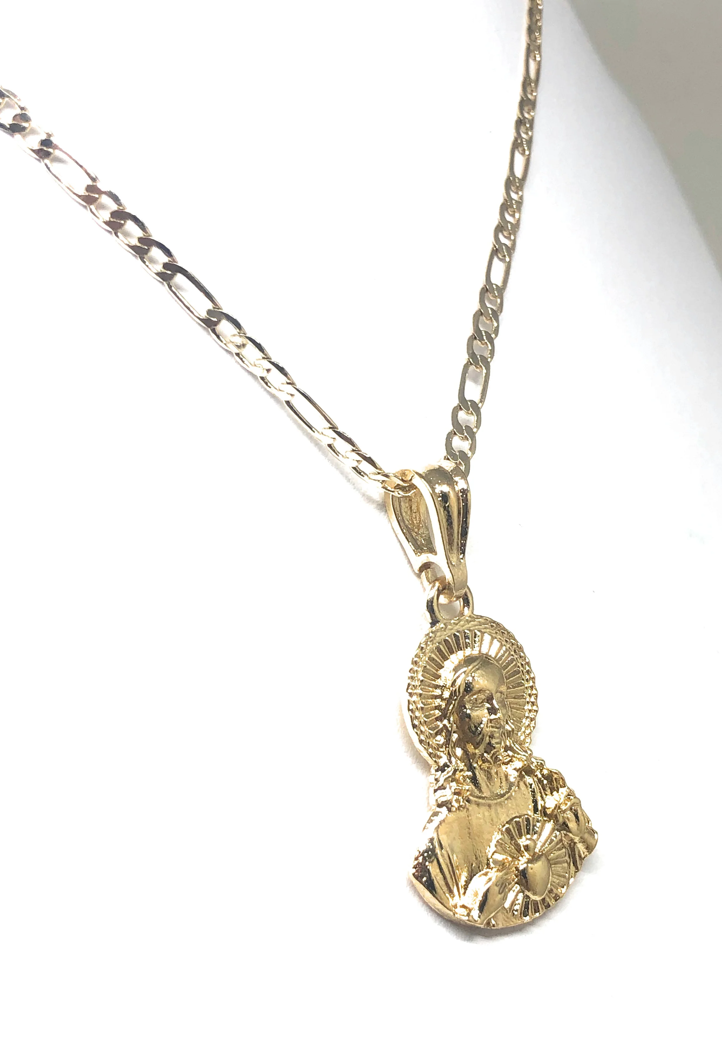 Gold Plated Jesus Sagrado Corazon Image Depiction Pendant 24" Figaro Chain - Image 6