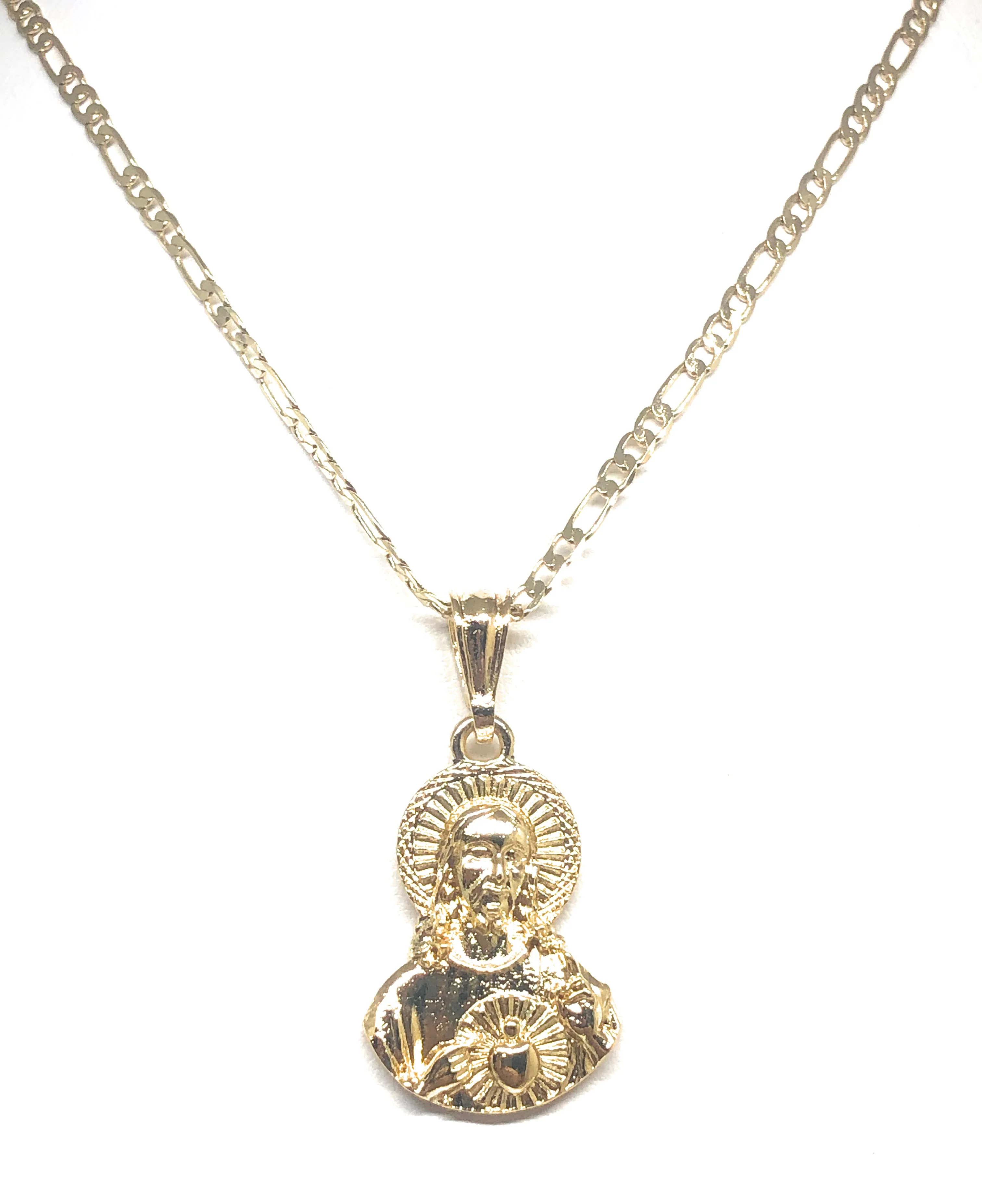 Gold Plated Jesus Sagrado Corazon Image Depiction Pendant 24" Figaro Chain - Image 7