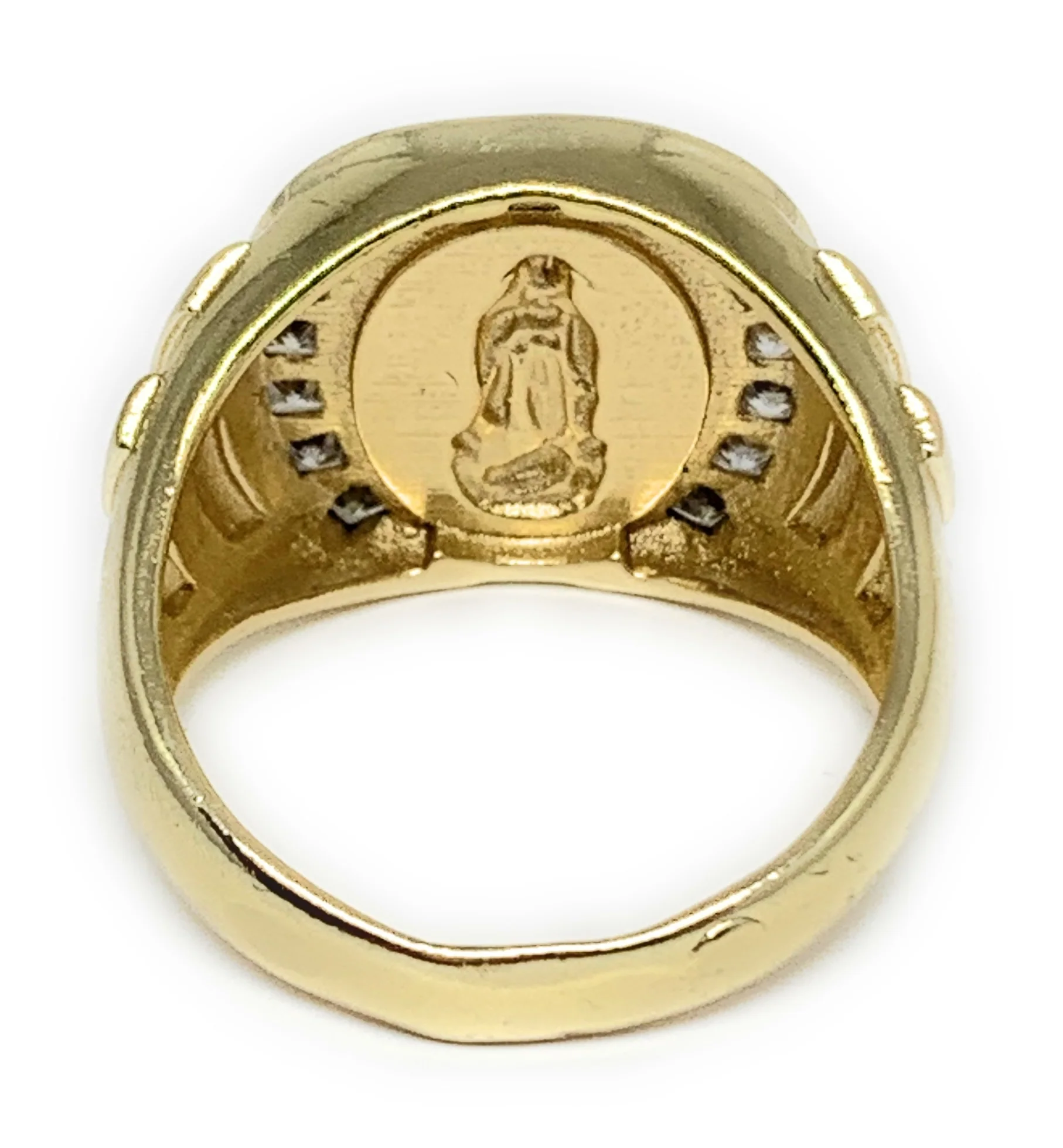 Gold Plated Men's Tri-Color Virgin Mary Horseshoe CZ Ring Virgen De Guadalupe Anillo - Image 3