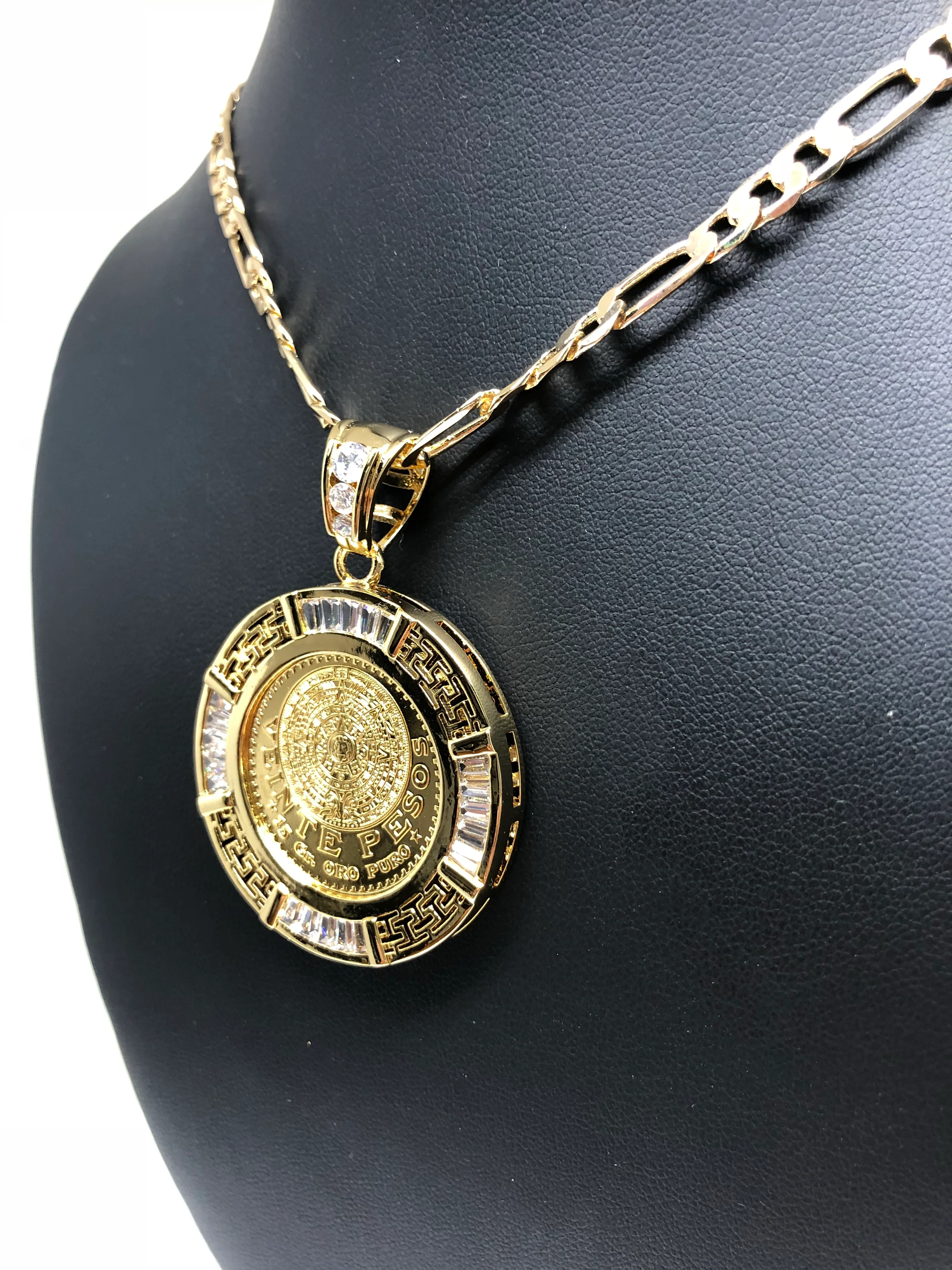 Gold Plated Mexican 20 Pesos Coin Aztec Calendar CZ Oro Laminado Con Cadena Figaro 26" 5mm - Image 10