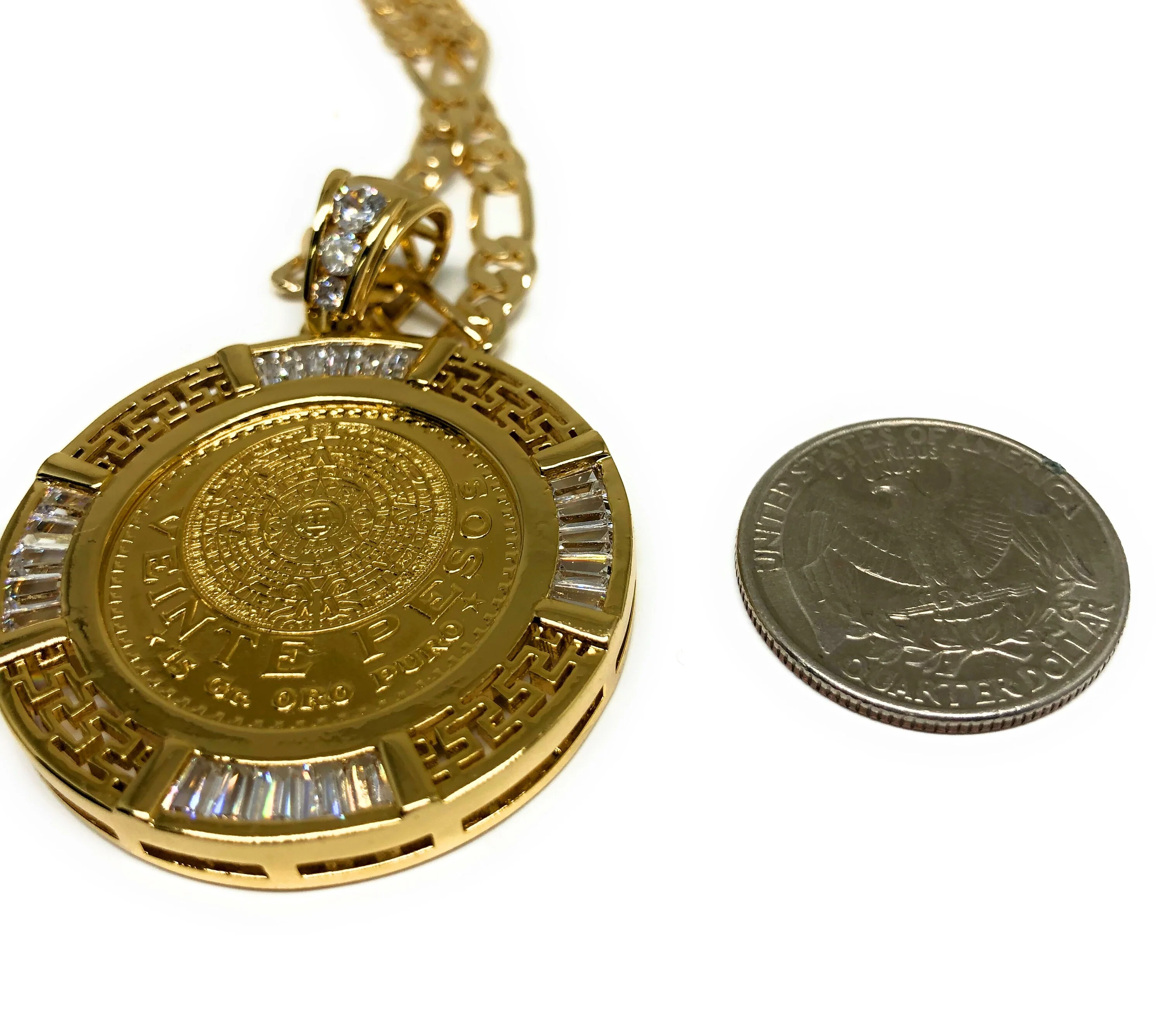 Gold Plated Mexican 20 Pesos Coin Aztec Calendar CZ Oro Laminado Con Cadena Figaro 26" 5mm - Image 4