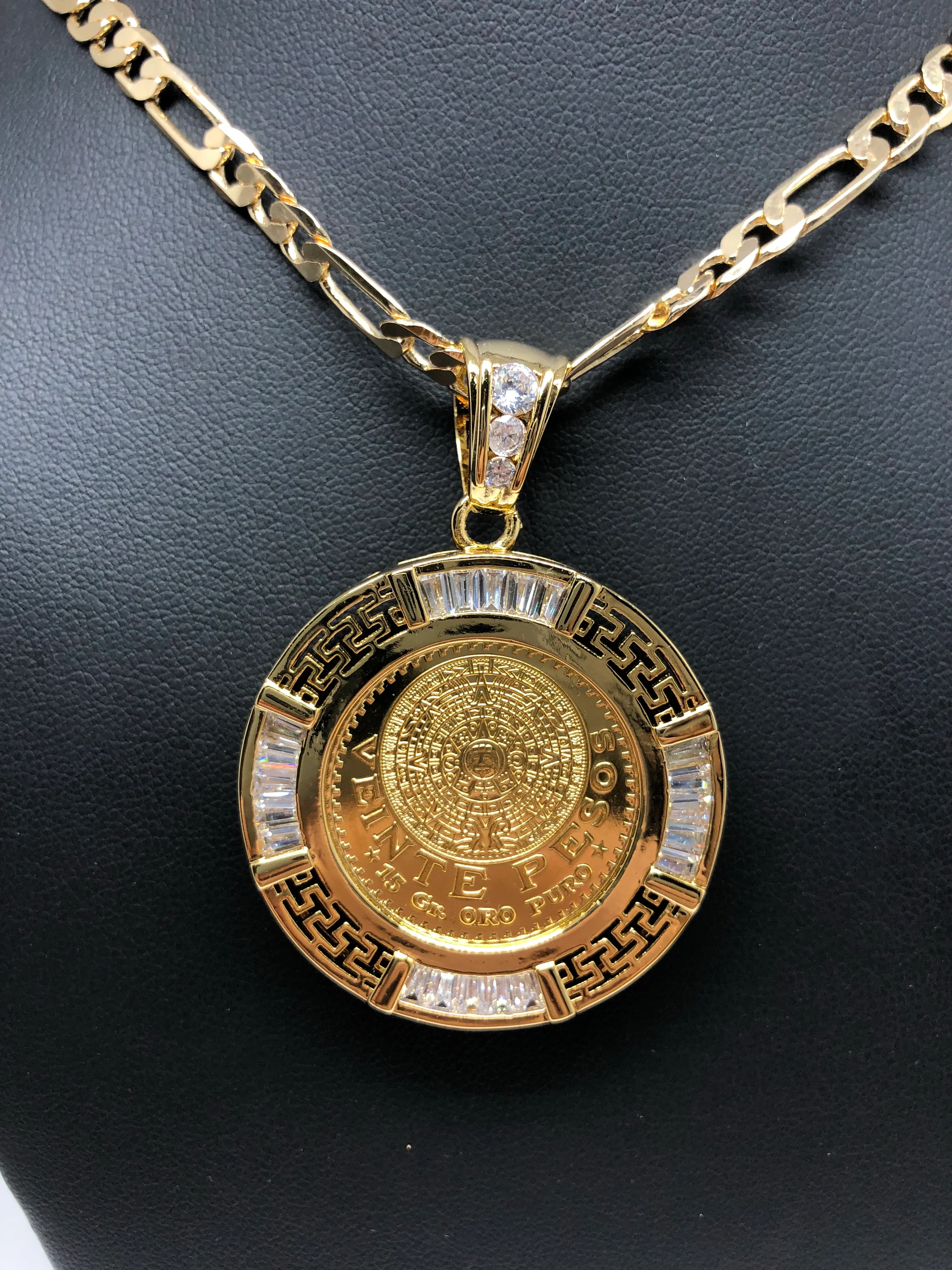 Gold Plated Mexican 20 Pesos Coin Aztec Calendar CZ Oro Laminado Con Cadena Figaro 26" 5mm - Image 5