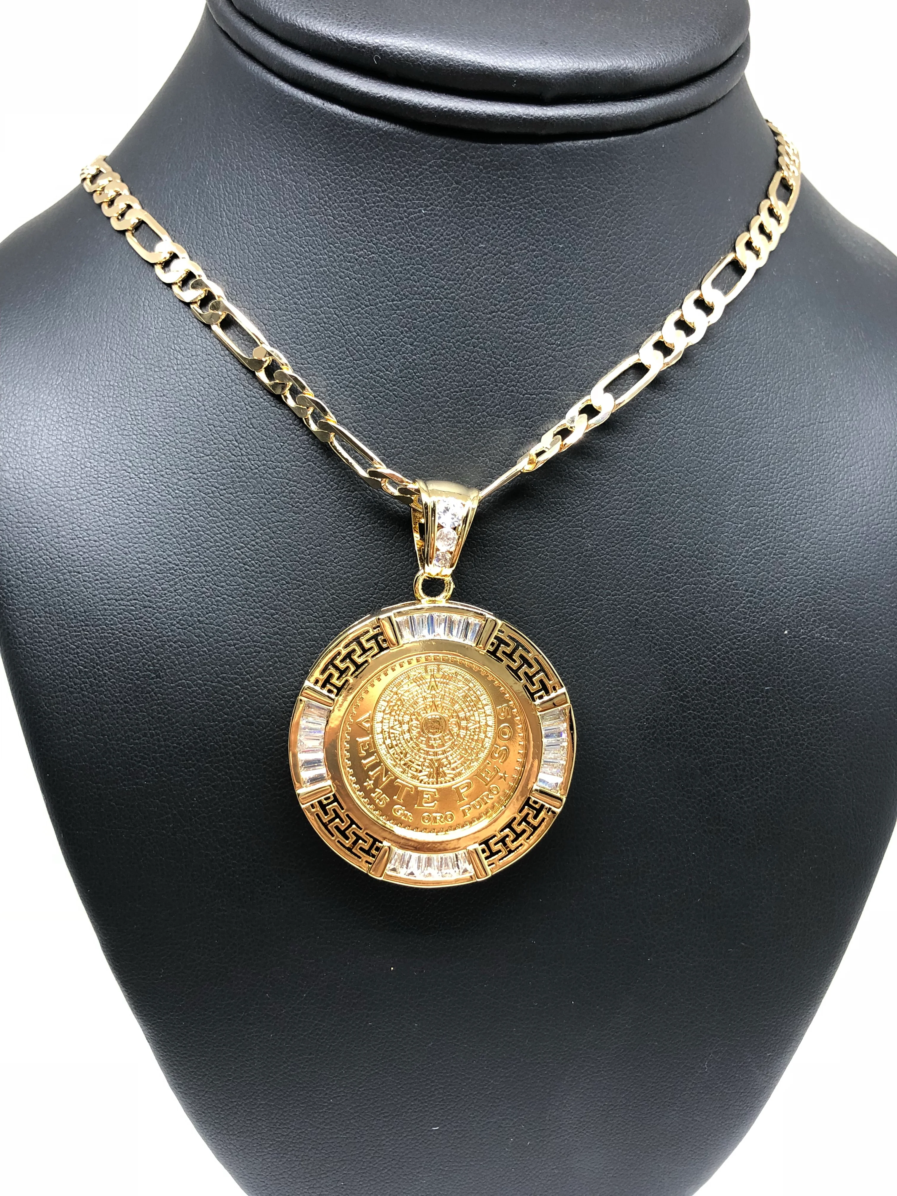 Gold Plated Mexican 20 Pesos Coin Aztec Calendar CZ Oro Laminado Con Cadena Figaro 26" 5mm - Image 6