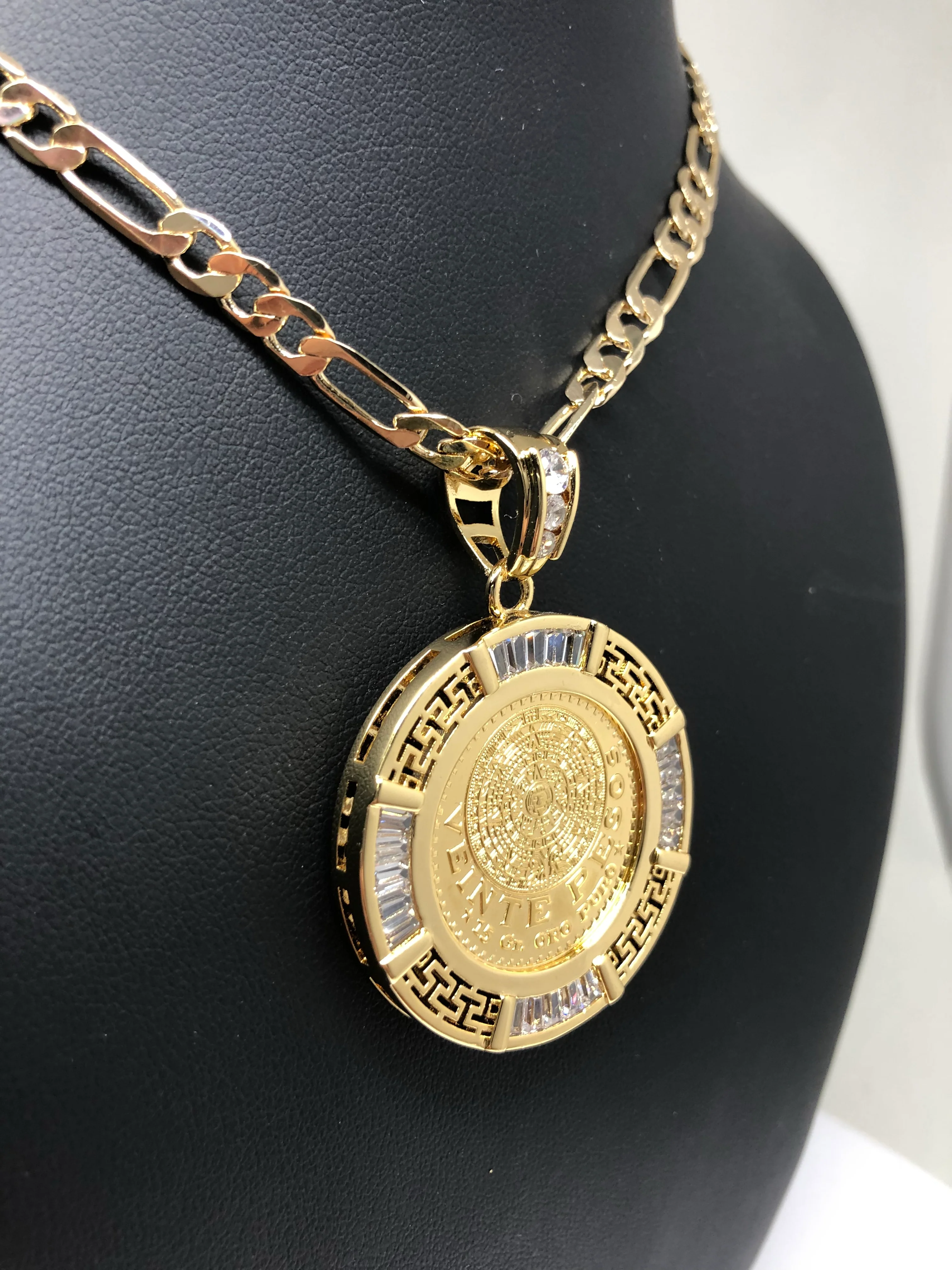 Gold Plated Mexican 20 Pesos Coin Aztec Calendar CZ Oro Laminado Con Cadena Figaro 26" 5mm - Image 7