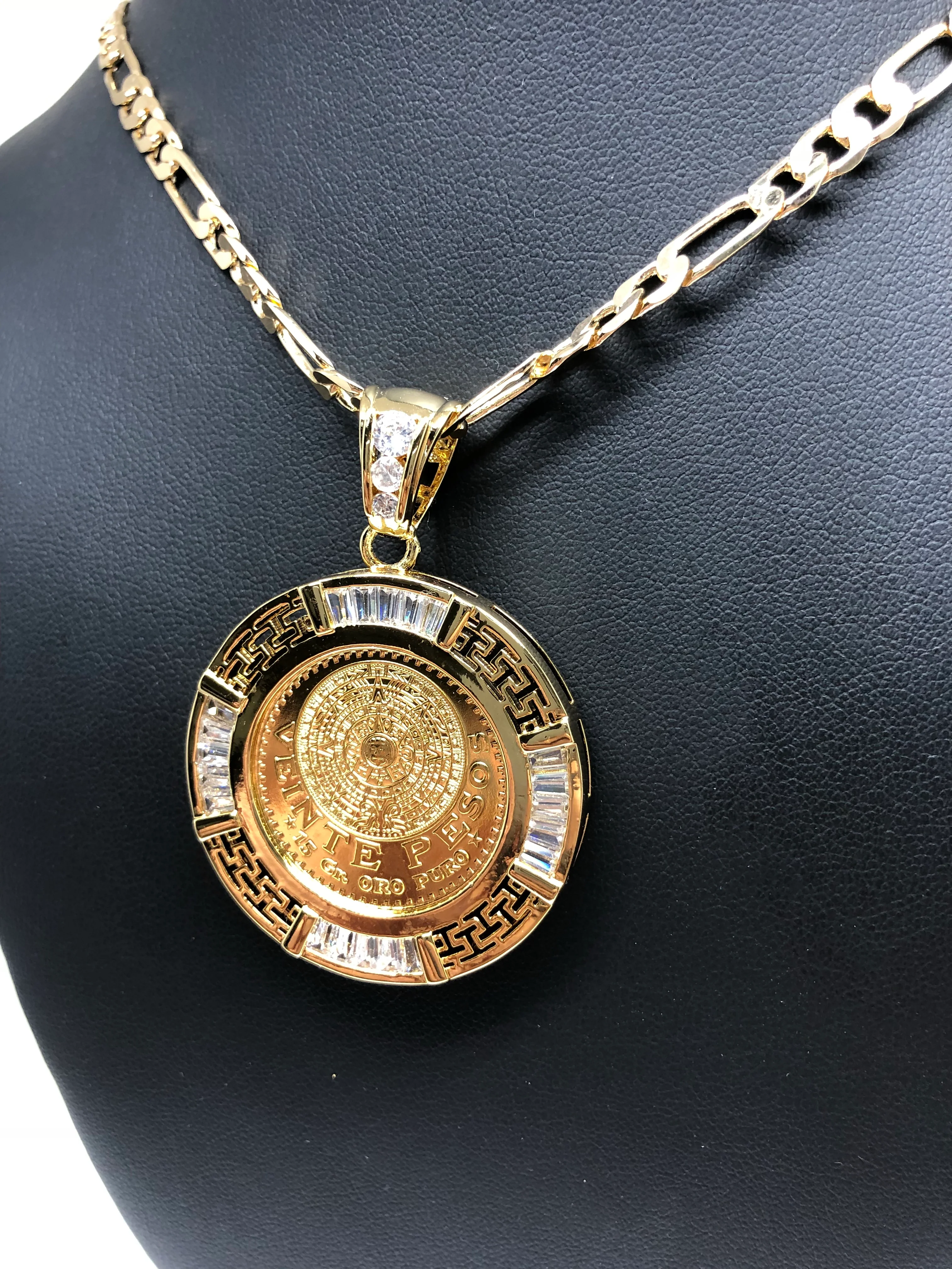 Gold Plated Mexican 20 Pesos Coin Aztec Calendar CZ Oro Laminado Con Cadena Figaro 26" 5mm - Image 8