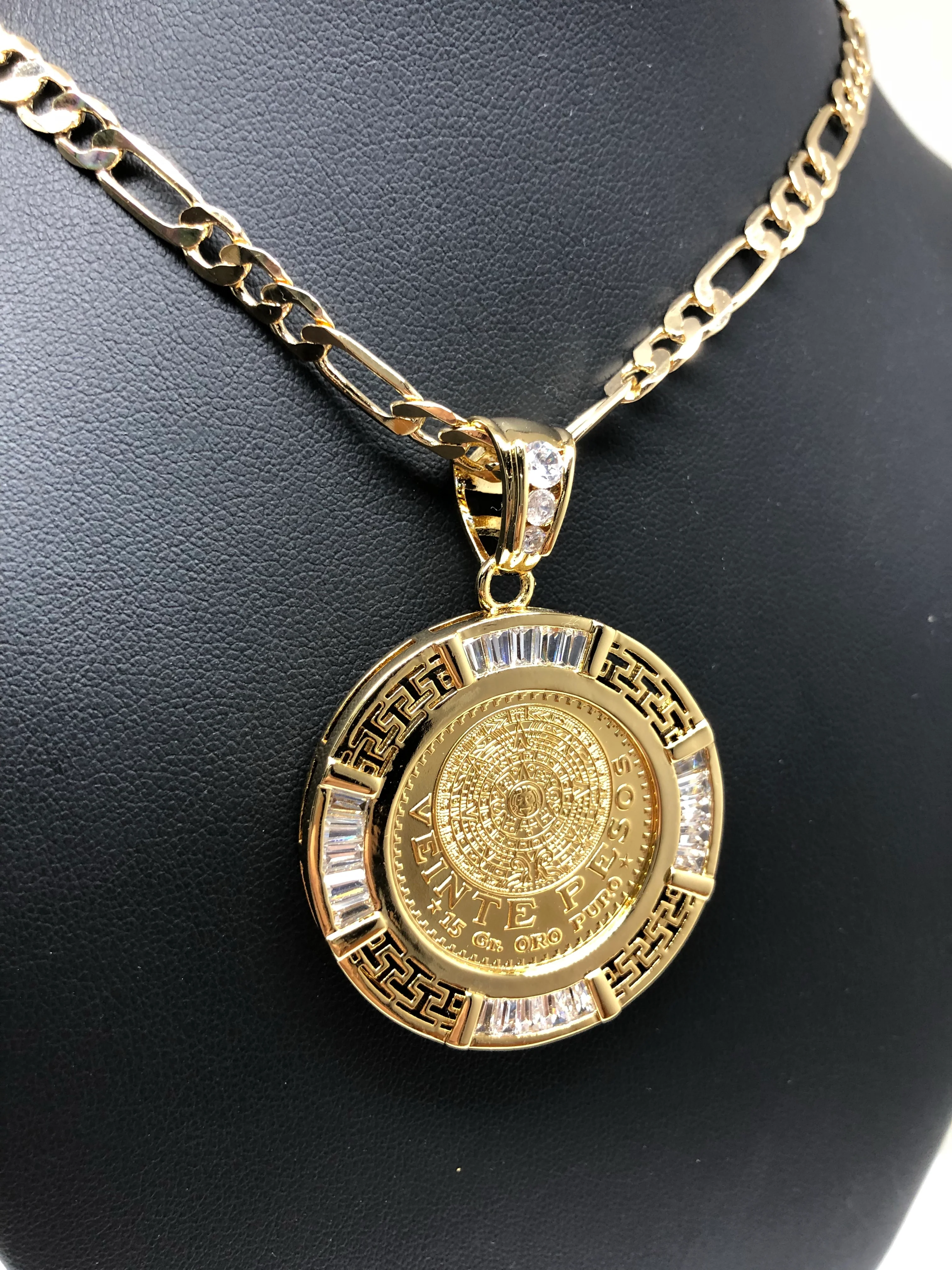 Gold Plated Mexican 20 Pesos Coin Aztec Calendar CZ Oro Laminado Con Cadena Figaro 26" 5mm - Image 9