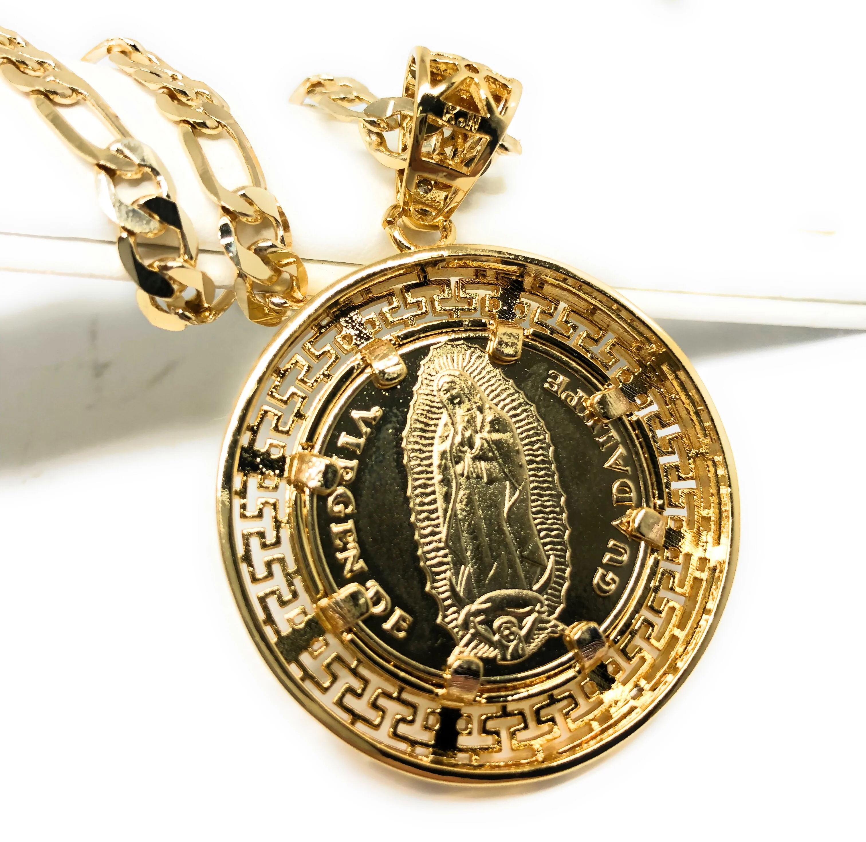 Gold Plated Mexican 20 Pesos Coin Aztec Calendar Oro Laminado Con Cadena Figaro 26" 5mm - Image 3