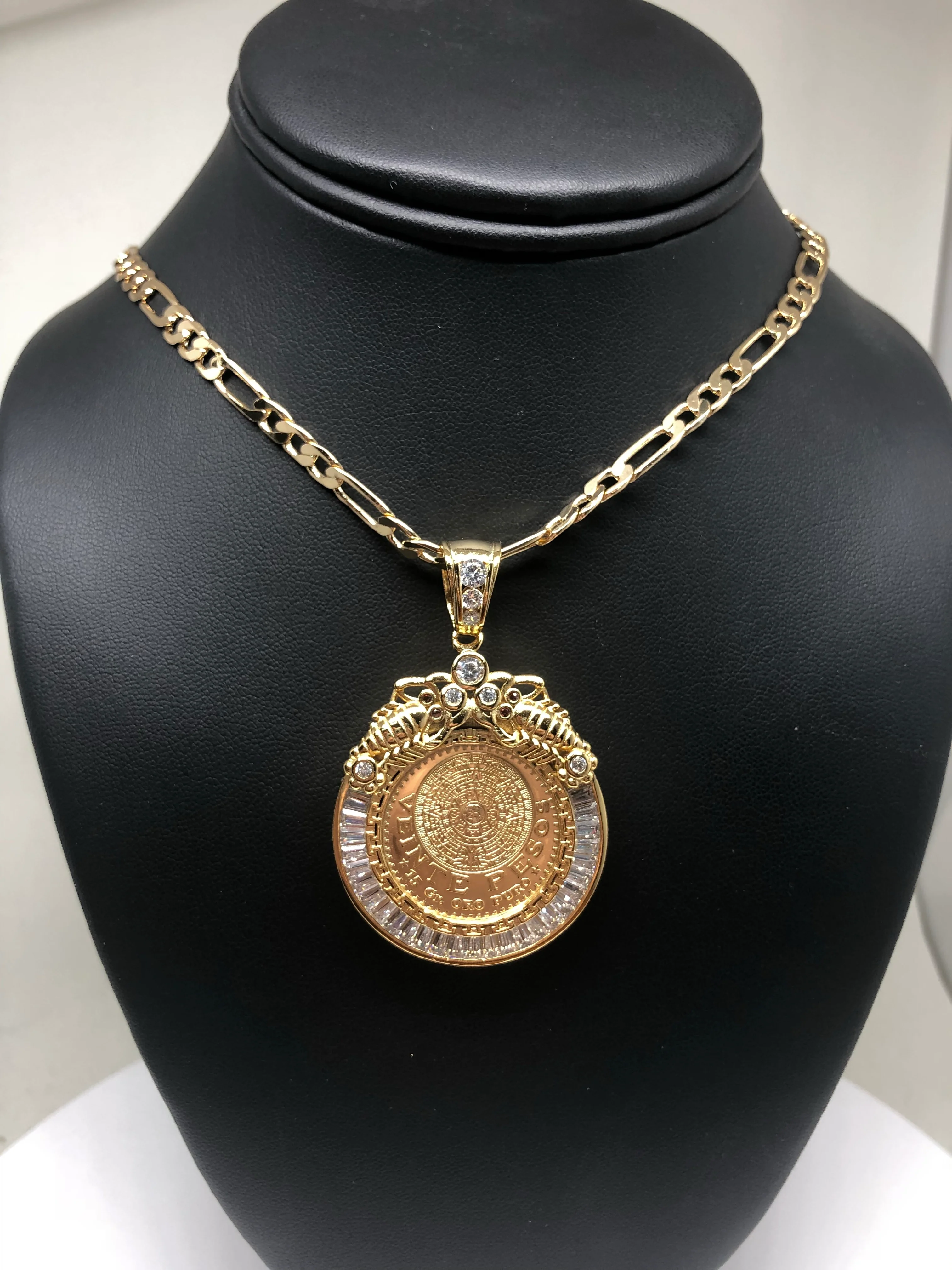 Gold Plated Mexican 20 Pesos Coin Aztec Calendar Scorpion CZ Oro Laminado Con Cadena Figaro 26" 5mm - Image 11