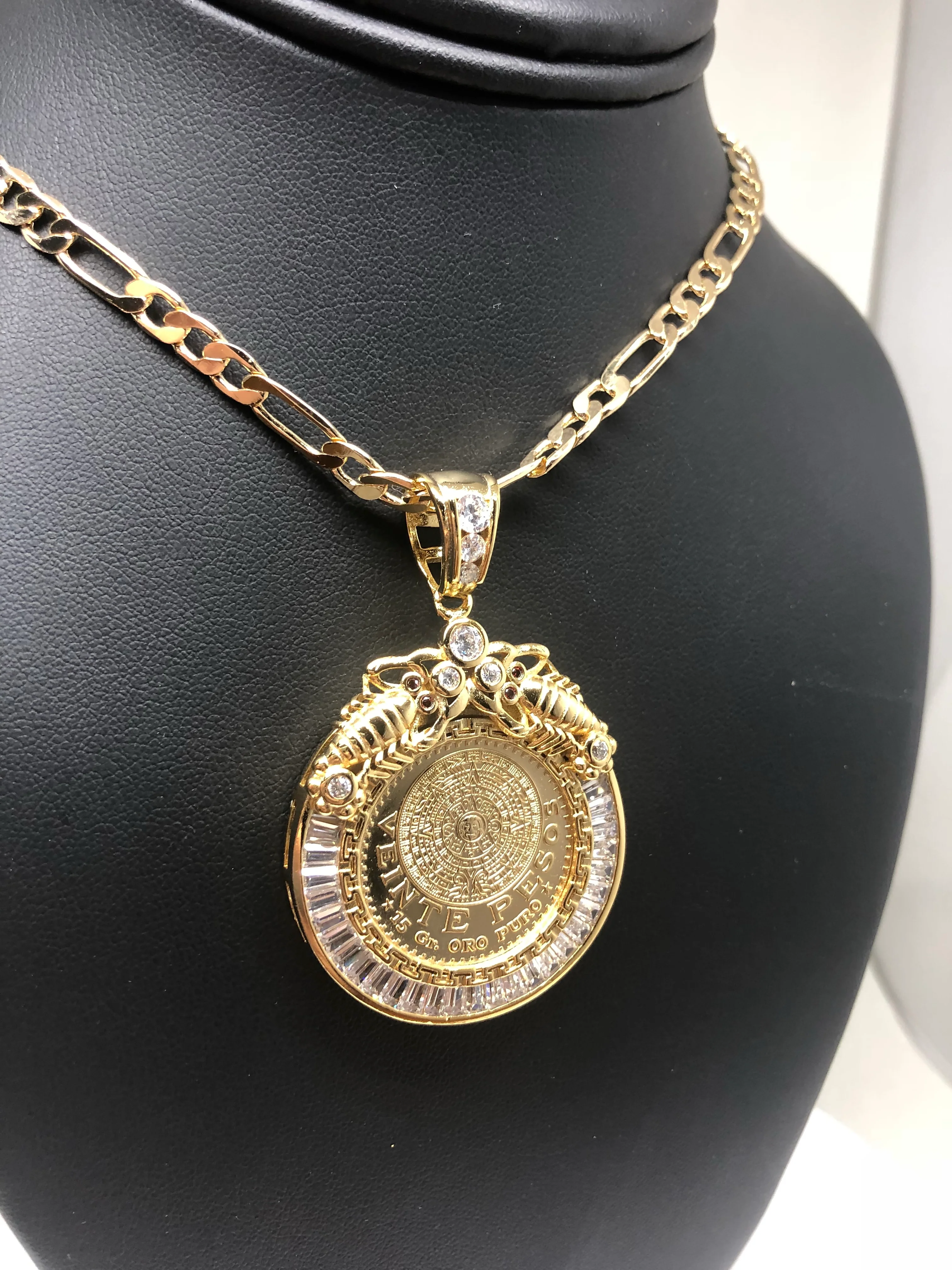 Gold Plated Mexican 20 Pesos Coin Aztec Calendar Scorpion CZ Oro Laminado Con Cadena Figaro 26" 5mm - Image 13